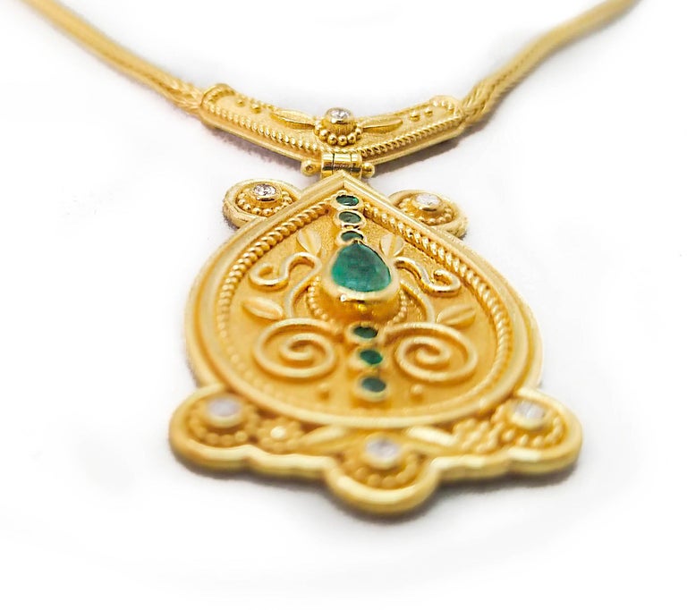 Georgios Collections 18 Karat Yellow Gold Diamond Emerald Drop Pendant Necklace For Sale 1