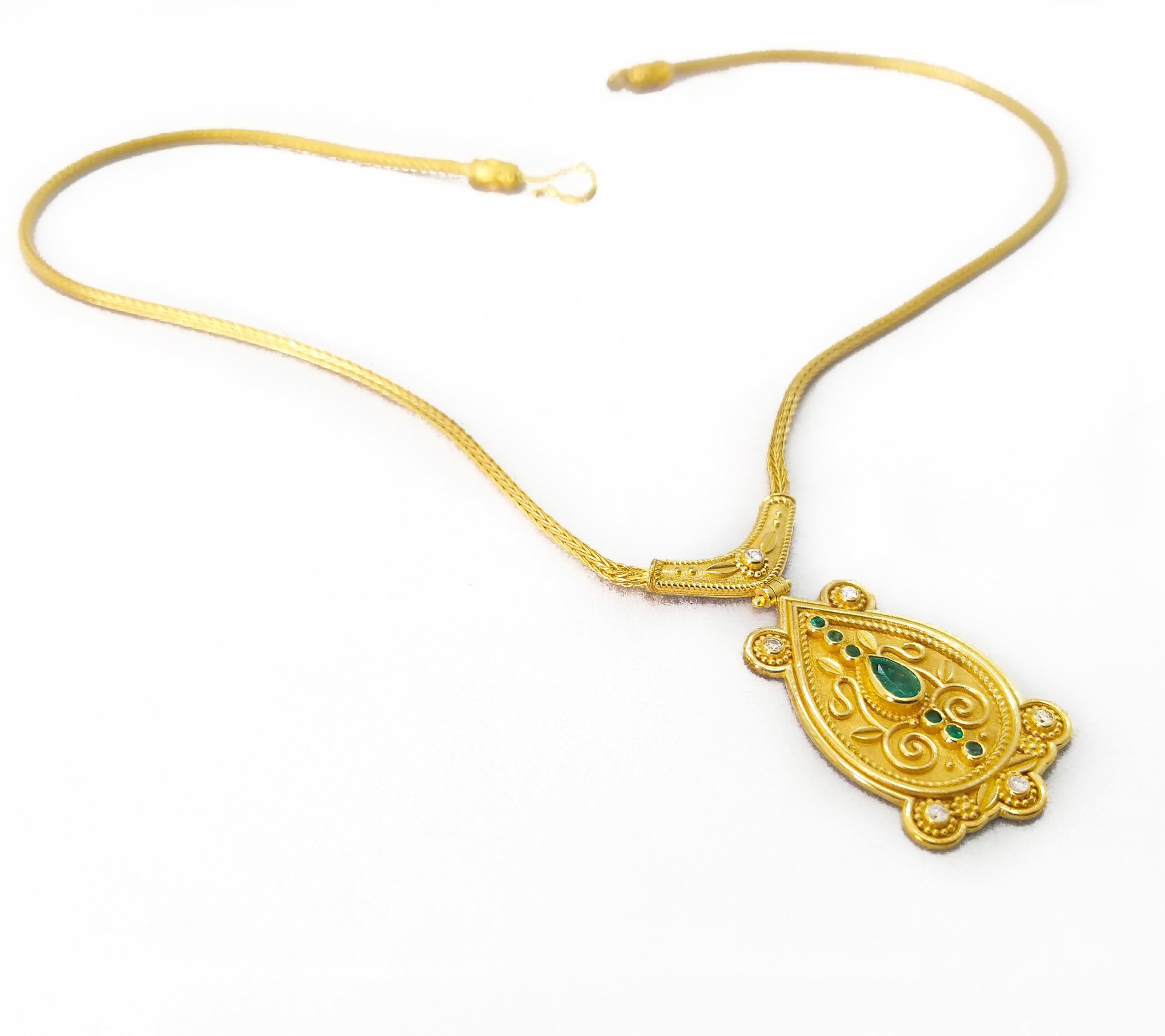 Georgios Collections 18 Karat Yellow Gold Diamond Emerald Drop Pendant Necklace For Sale 2