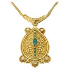 Georgios Collections 18 Karat Yellow Gold Diamond Emerald Drop Pendant Necklace