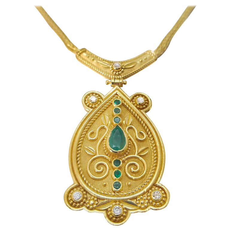 Georgios Collections 18 Karat Yellow Gold Diamond Emerald Drop Pendant Necklace For Sale
