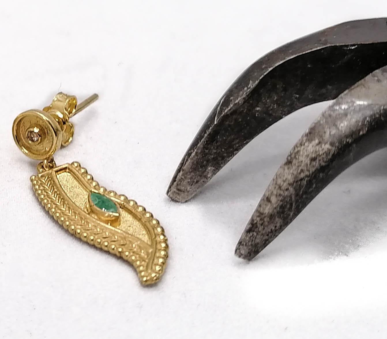 Georgios Collections 18 Karat Yellow Gold Diamond Emerald Feather Drop Earrings 2