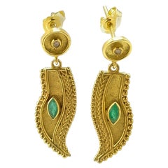 Georgios Collections 18 Karat Yellow Gold Diamond Emerald Feather Drop Earrings