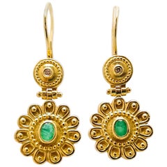 Georgios Collections 18 Karat Yellow Gold Diamond Emerald Floral Drop Earrings