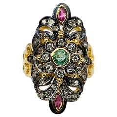 Georgios Collections 18 Karat Yellow Gold Wide Diamond Emerald Ruby Pasha Ring 