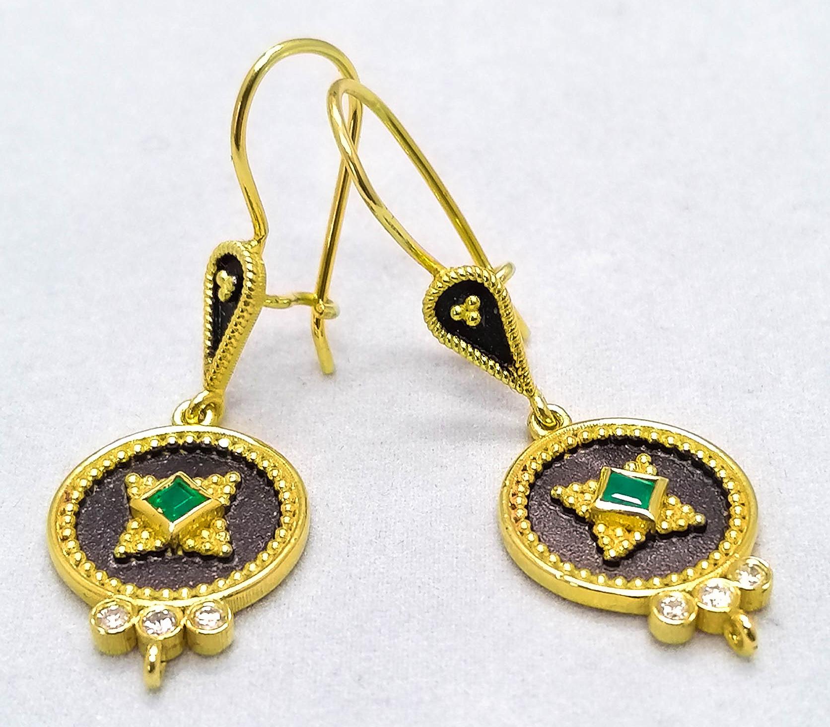 These S.Georgios 18 Karat Yellow Gold designer earrings are decorated with hand made Byzantine-era style bead granulation workmanship done under a microscope, and finished with a unique velvet background and Black Rhodium giving them a stunning