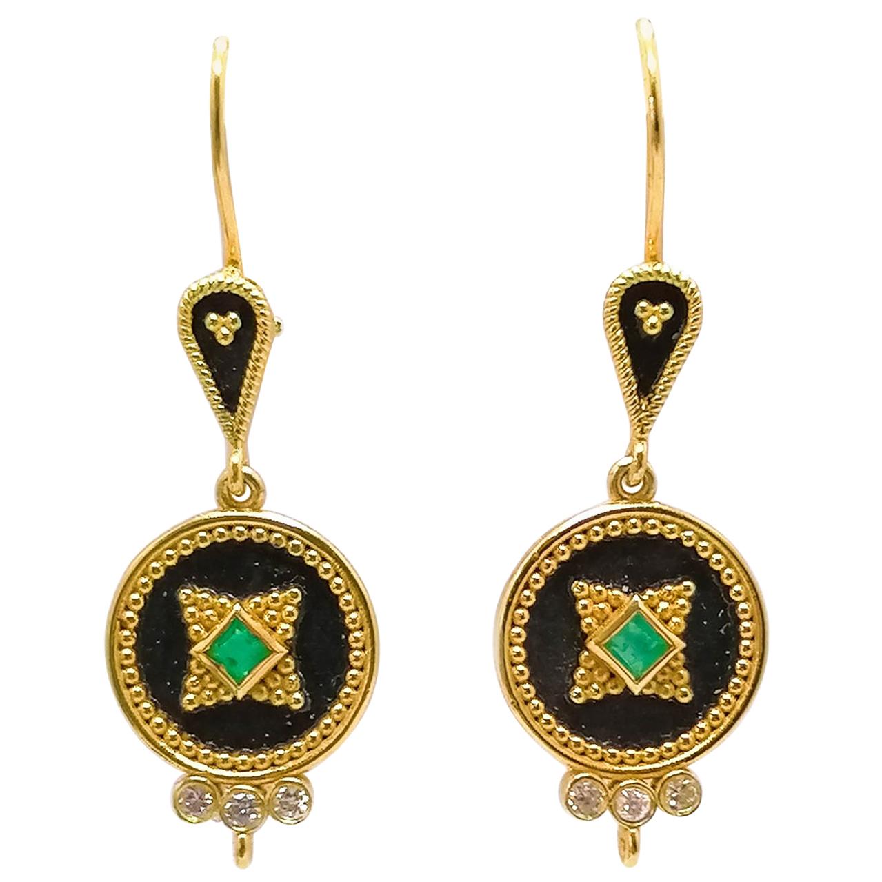 Georgios Collections 18 Karat Yellow Gold Diamond Emerald Two-Tone Drop Earrings