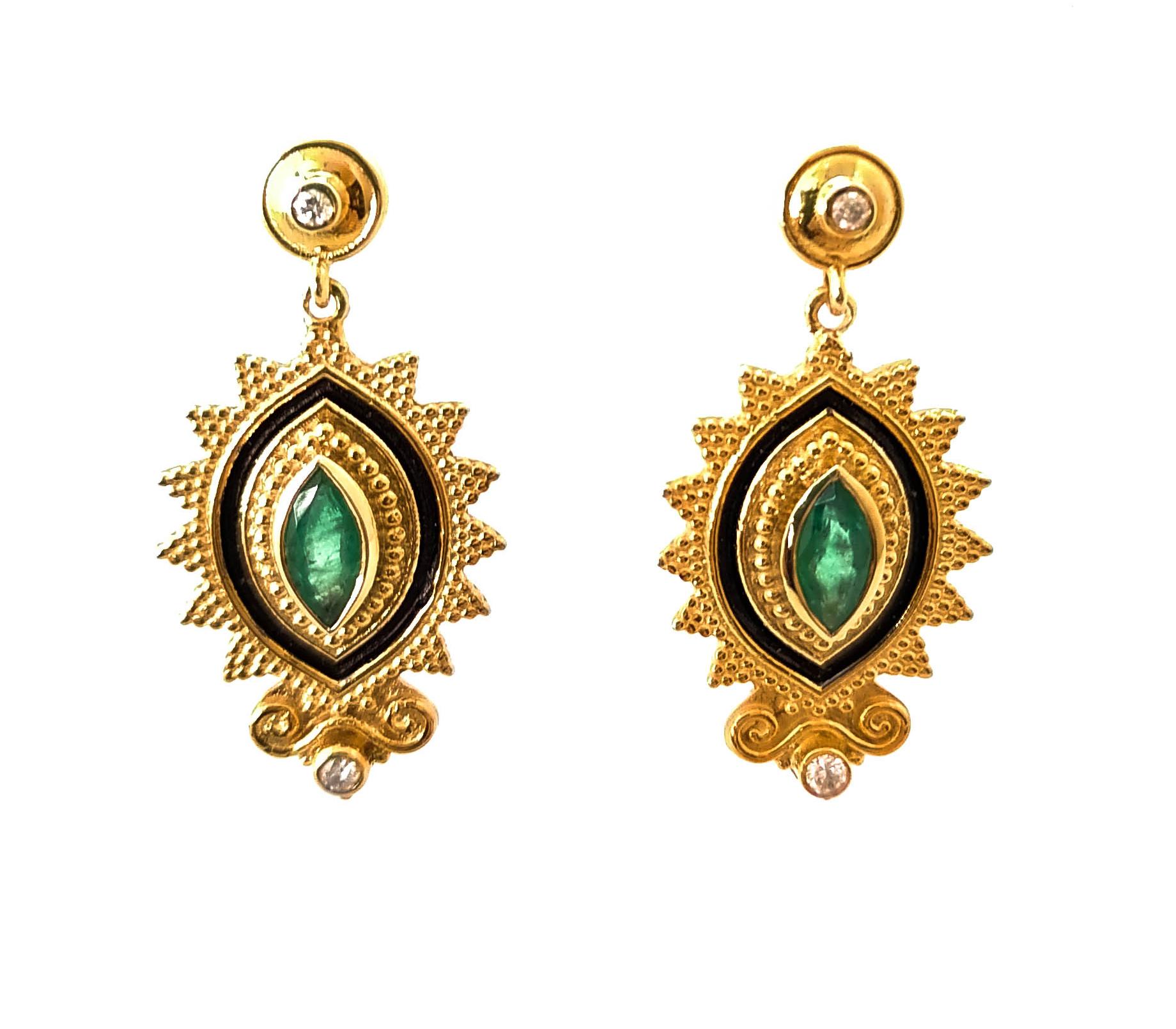 These S.Georgios designer 18 Karat Yellow Gold gorgeous earrings are decorated with hand-made Byzantine-era style bead granulation workmanship done microscopically and finished with a unique velvet background and Black Rhodium giving them a stunning