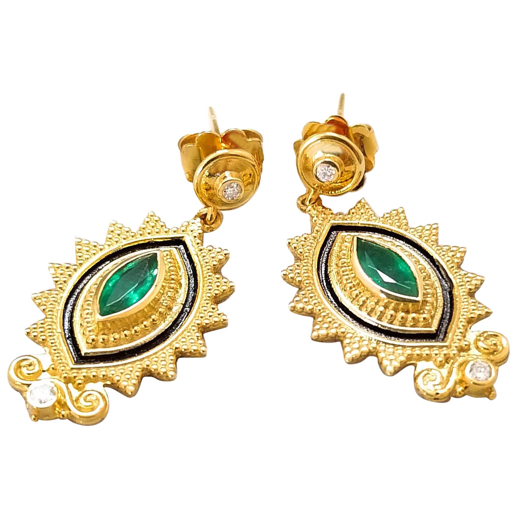 Georgios Collections 18 Karat Yellow Gold Diamond Emerald Two-Tone Earrings For Sale