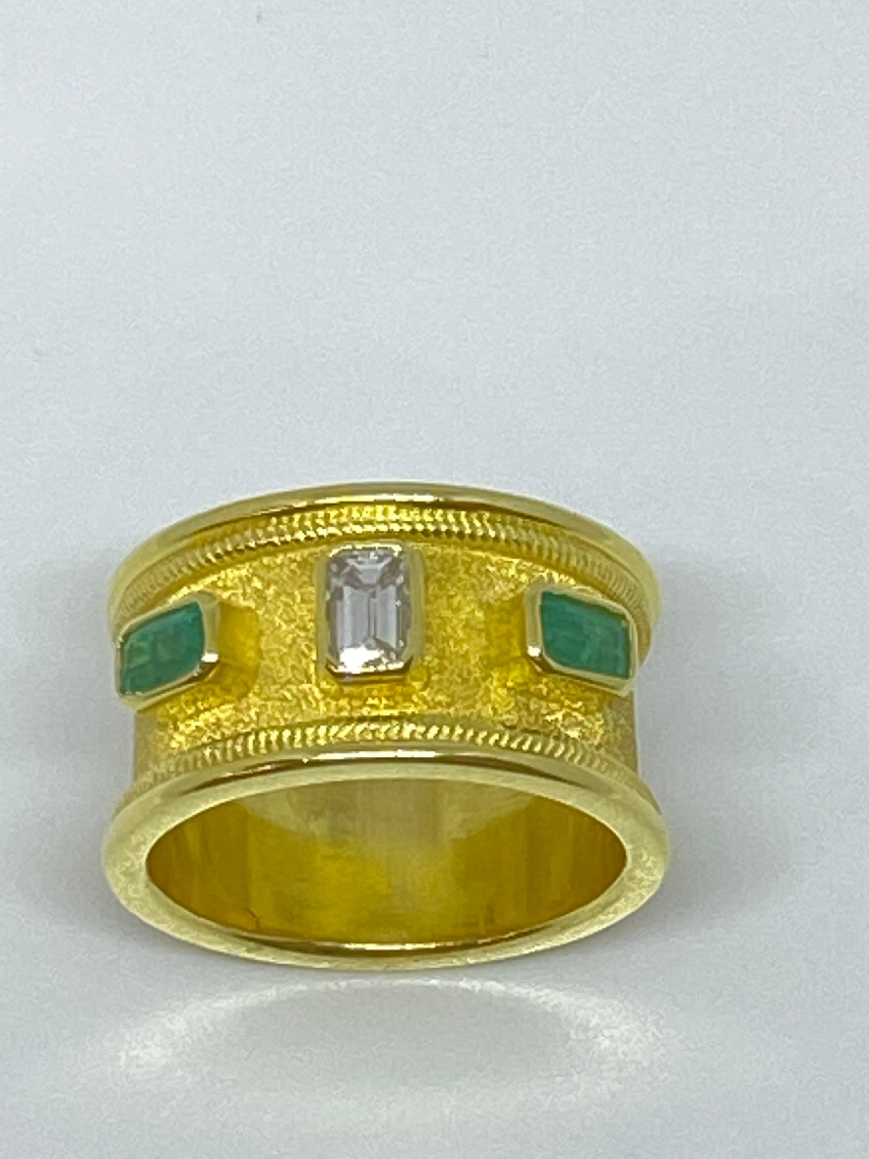 Georgios Collections 18 Karat Yellow Gold Diamond Emerald Unisex Band Ring For Sale 9