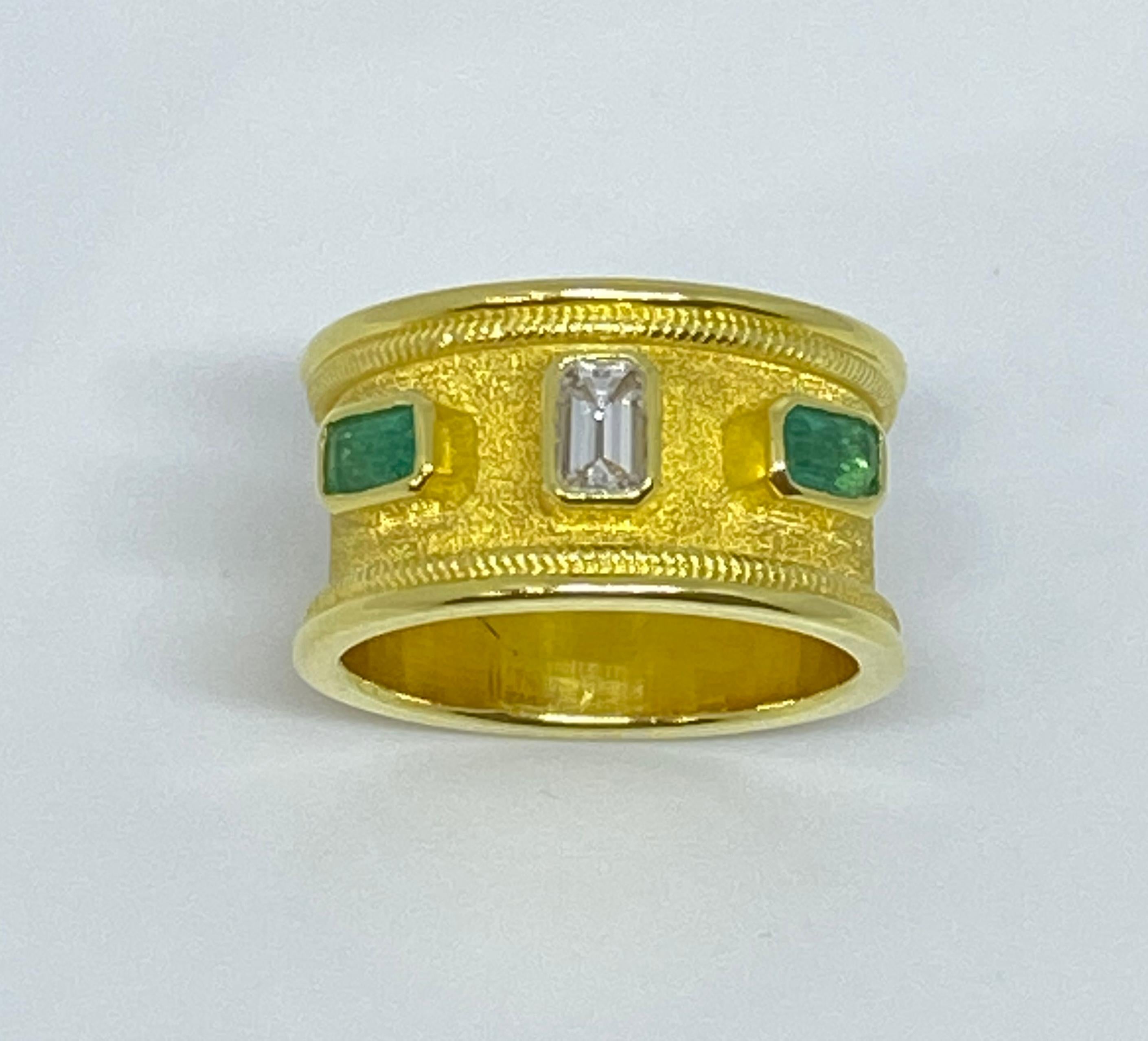 Byzantine Georgios Collections 18 Karat Yellow Gold Diamond Emerald Unisex Band Ring For Sale