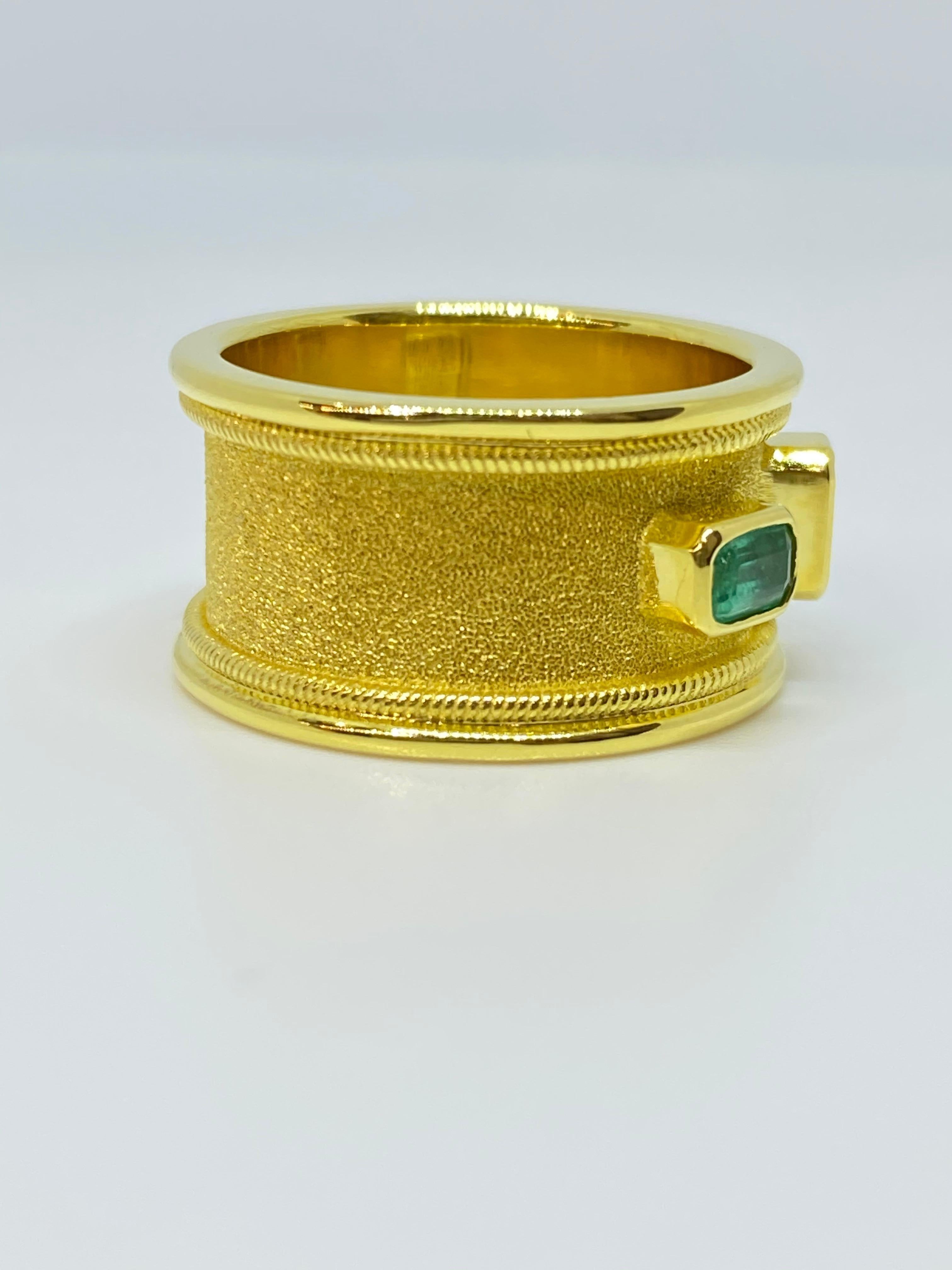 Georgios Collections 18 Karat Yellow Gold Diamond Emerald Unisex Band Ring For Sale 3