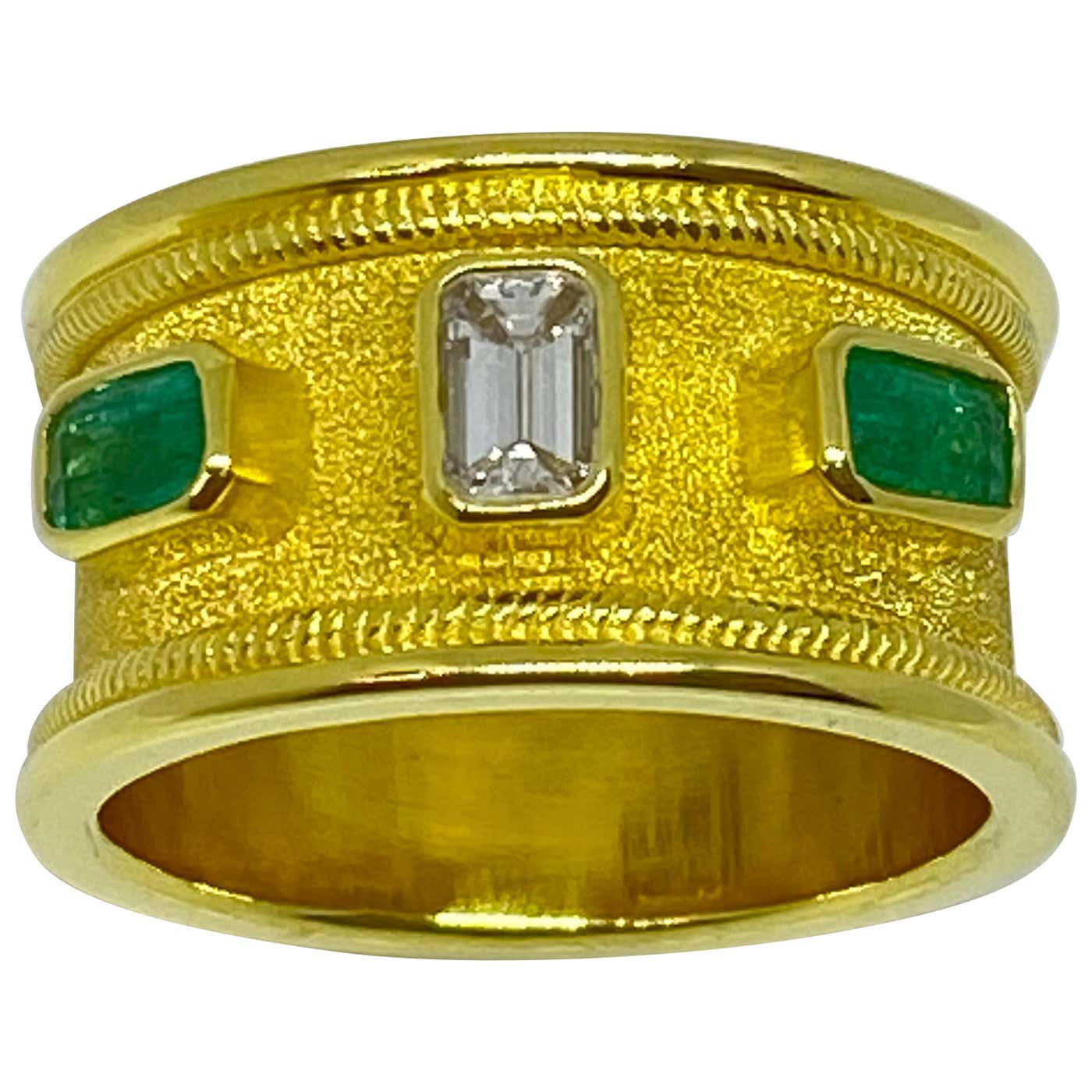 George Rings Jewelry Georgios Collections 18 Karat Yellow Gold Diamond Emerald Unisex Band ...