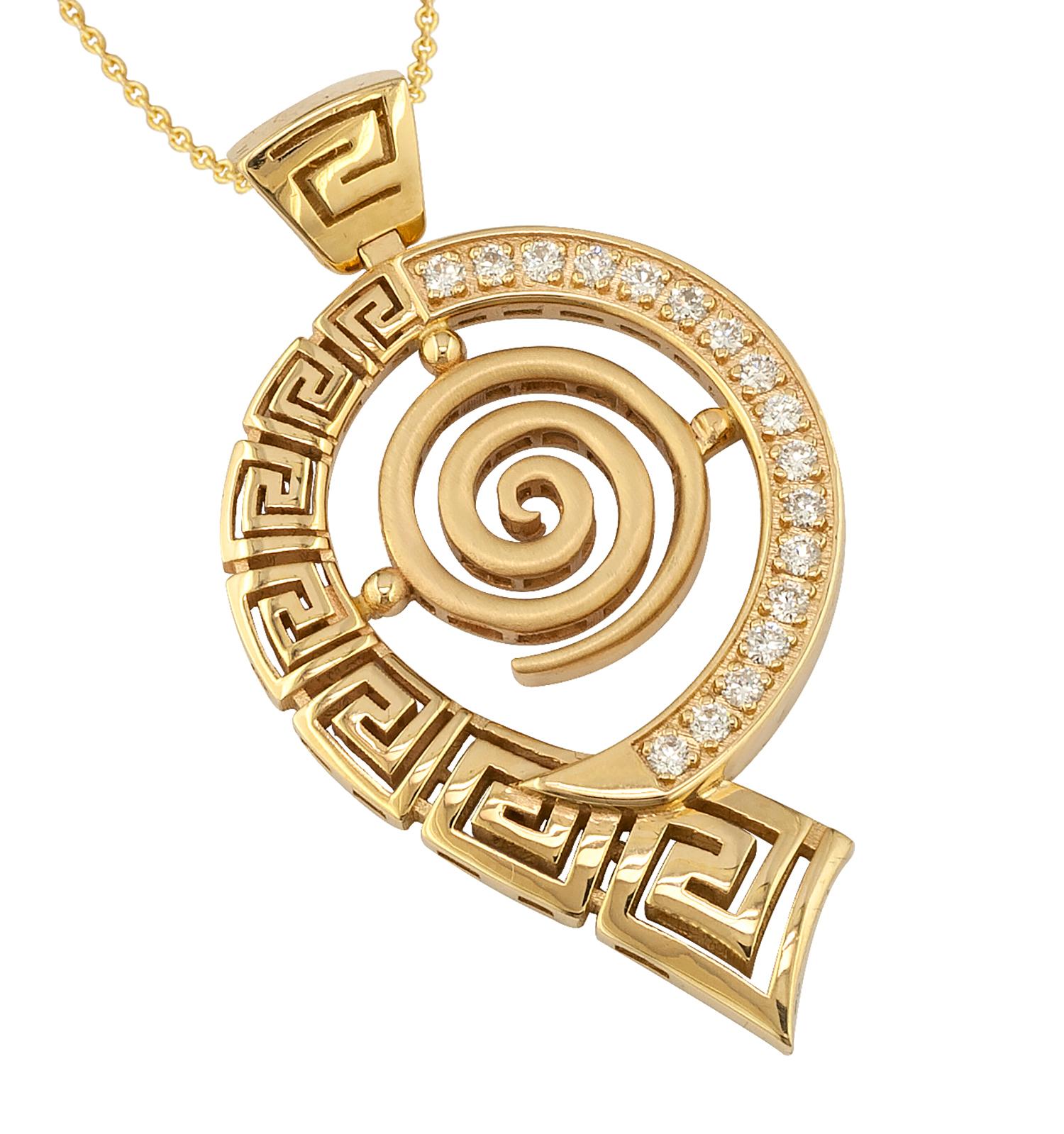 S.Georgios designer spiral pendant necklace is handmade from solid 18 Karat Yellow Gold and carved forming the Greek Key design which is the symbol of eternity. This stunning necklace features 17 brilliant-cut White Diamonds total weight of 0.27