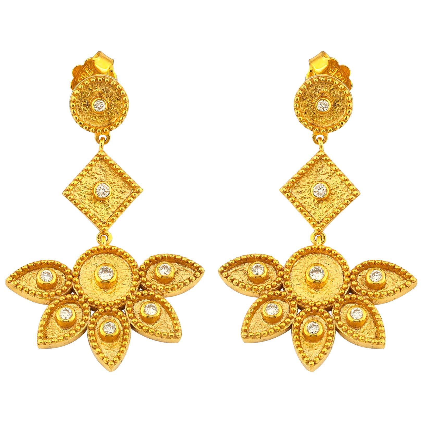 Georgios Collections 18 Karat Yellow Gold Diamond Floral Dangle Drop Earrings