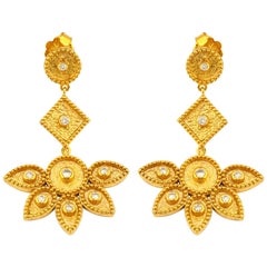 Georgios Collections 18 Karat Yellow Gold Diamond Floral Dangle Drop Earrings