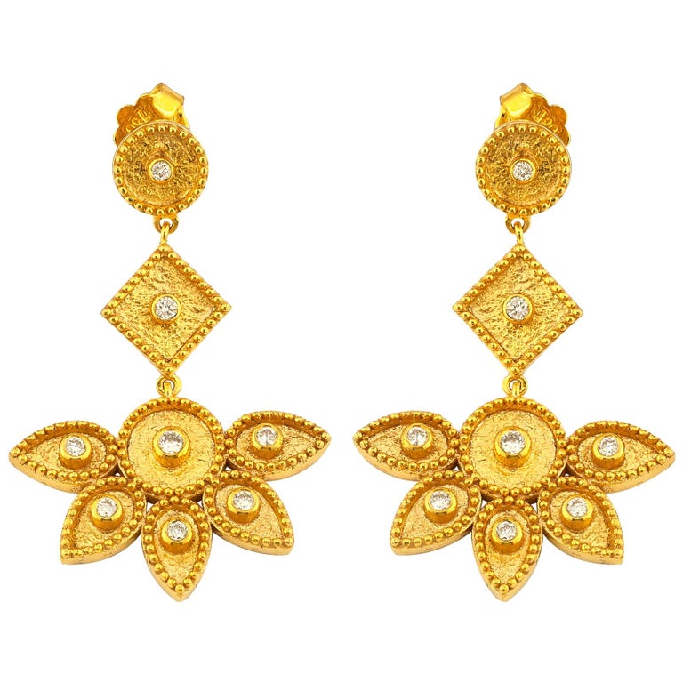 Georgios Collections 18 Karat Yellow Gold Diamond Floral Dangle Drop ...