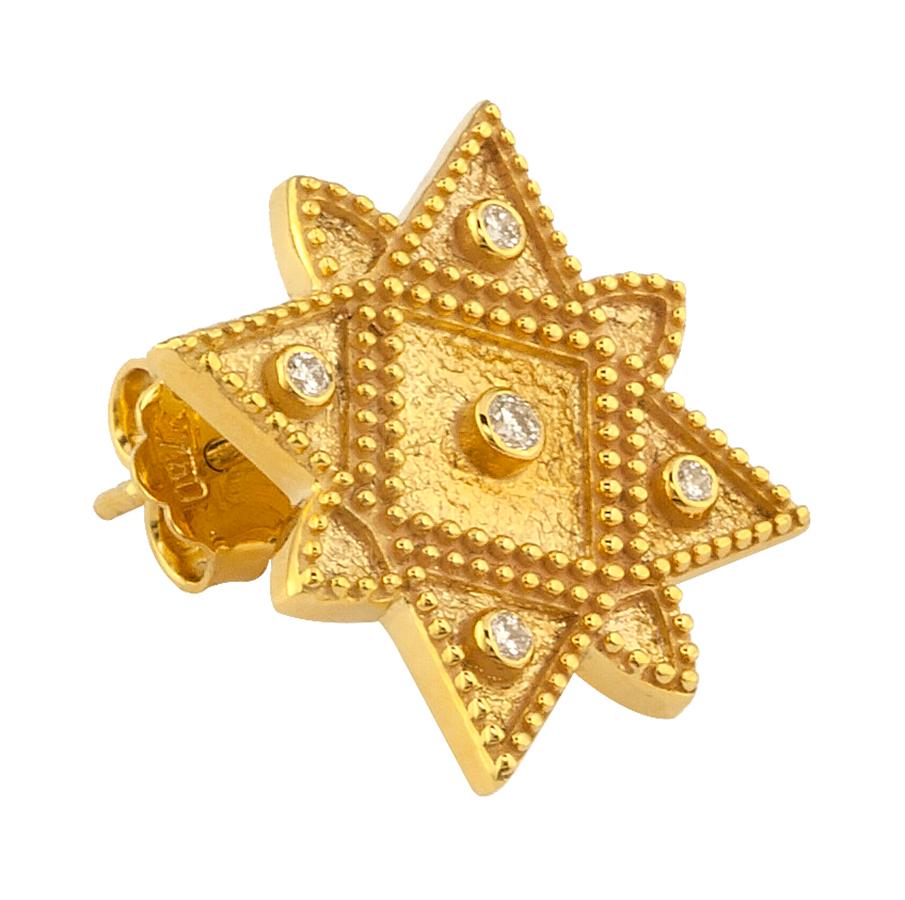 These S.Georgios designer Stud Earrings are 18 Karat yellow gold and microscopically decorated with hand-made granulation Etruscan-style workmanship to create bold geometric Sunbursts. These beautiful earrings have a total of 10 brilliant-cut White