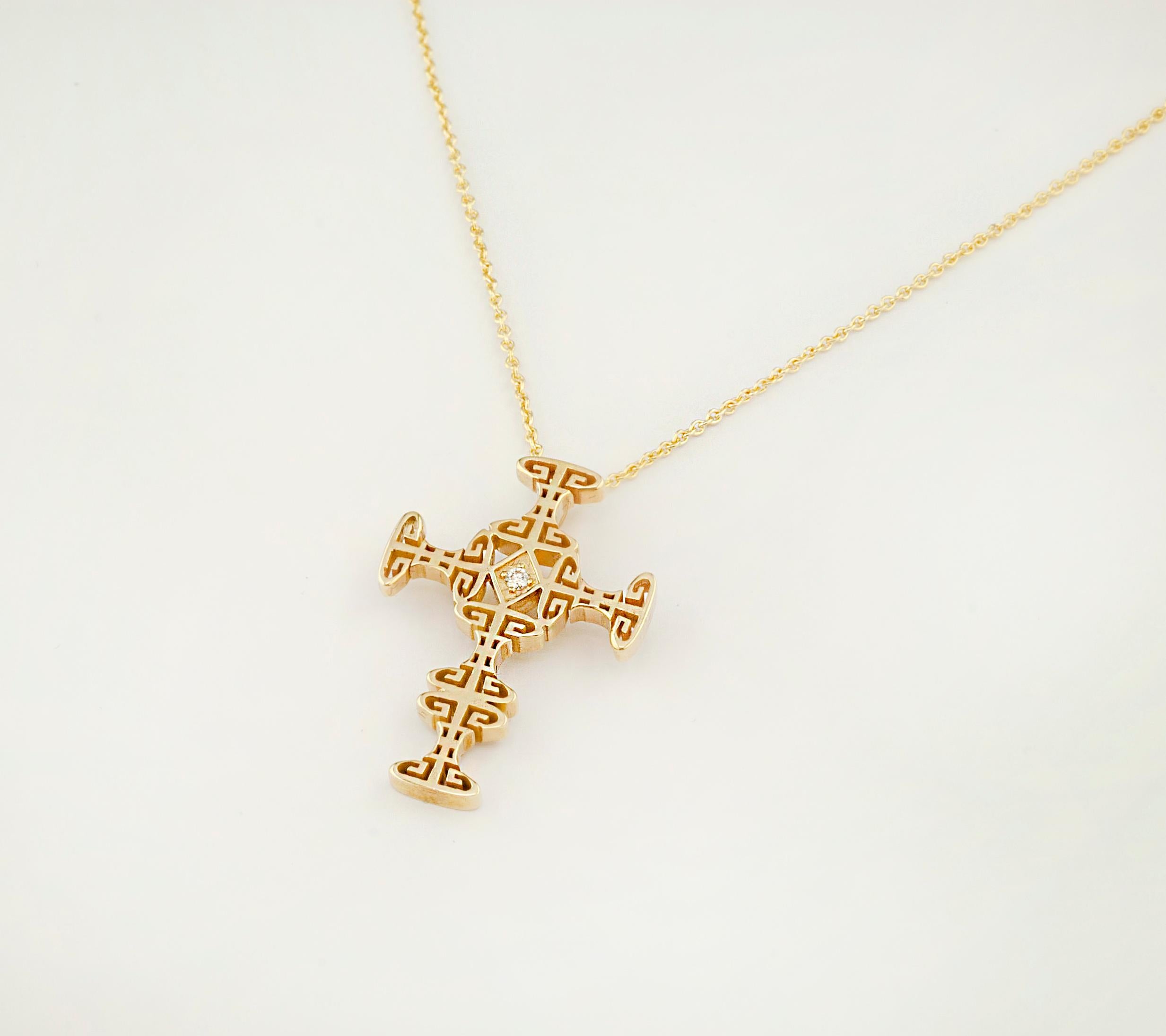 Georgios Collections 18 Karat Yellow Gold Diamond Greek Key Cross with Chain For Sale 4