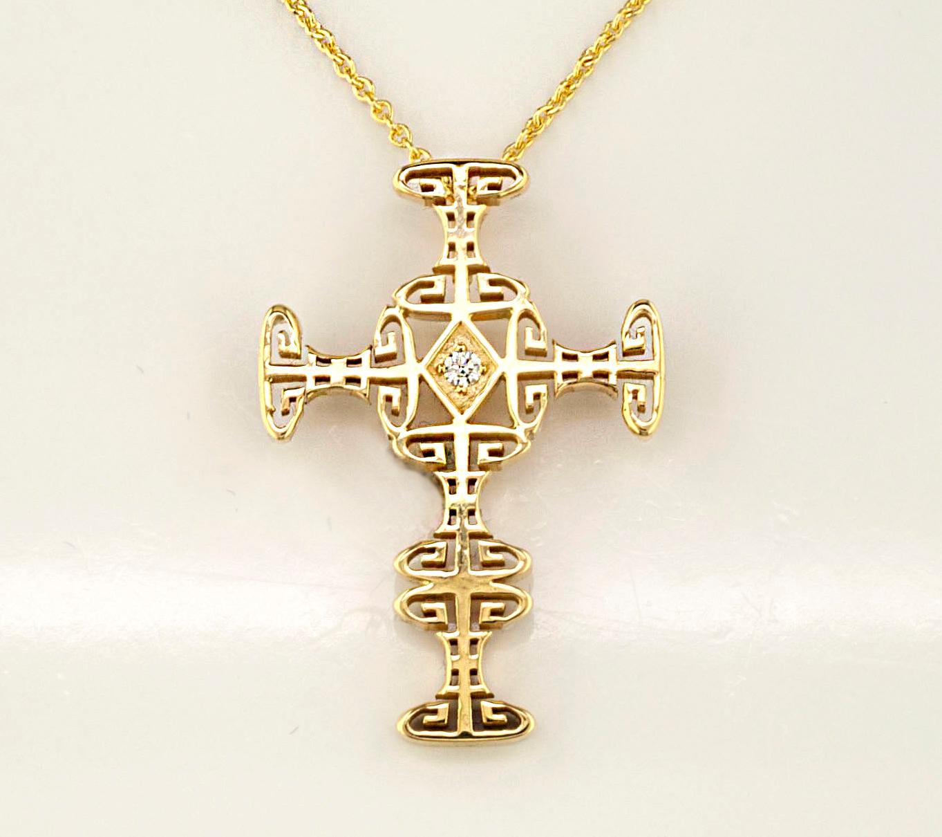 Georgios Collections 18 Karat Yellow Gold Diamond Greek Key Cross with Chain For Sale 5