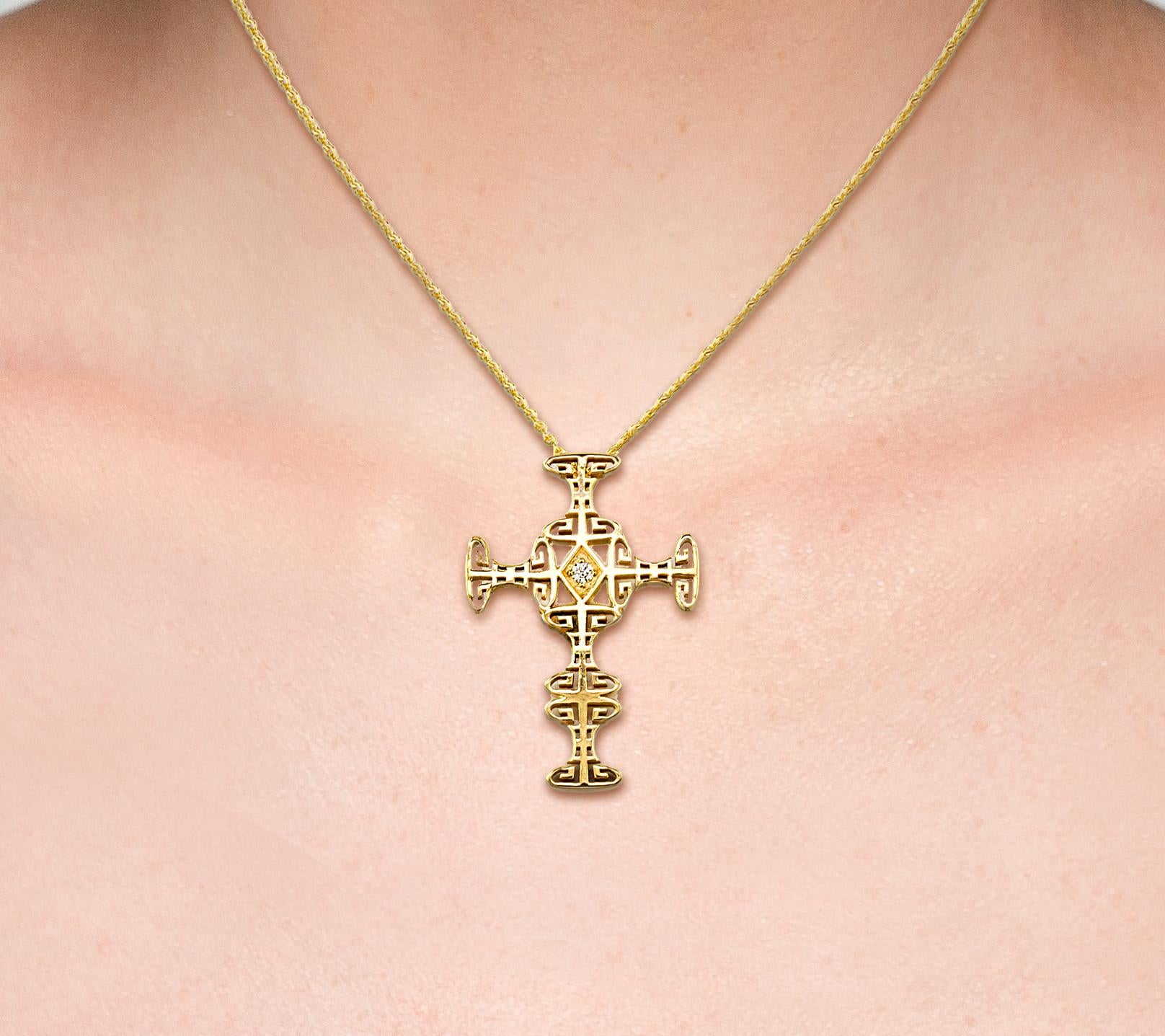 Georgios Collections 18 Karat Yellow Gold Diamond Greek Key Cross with Chain For Sale 6