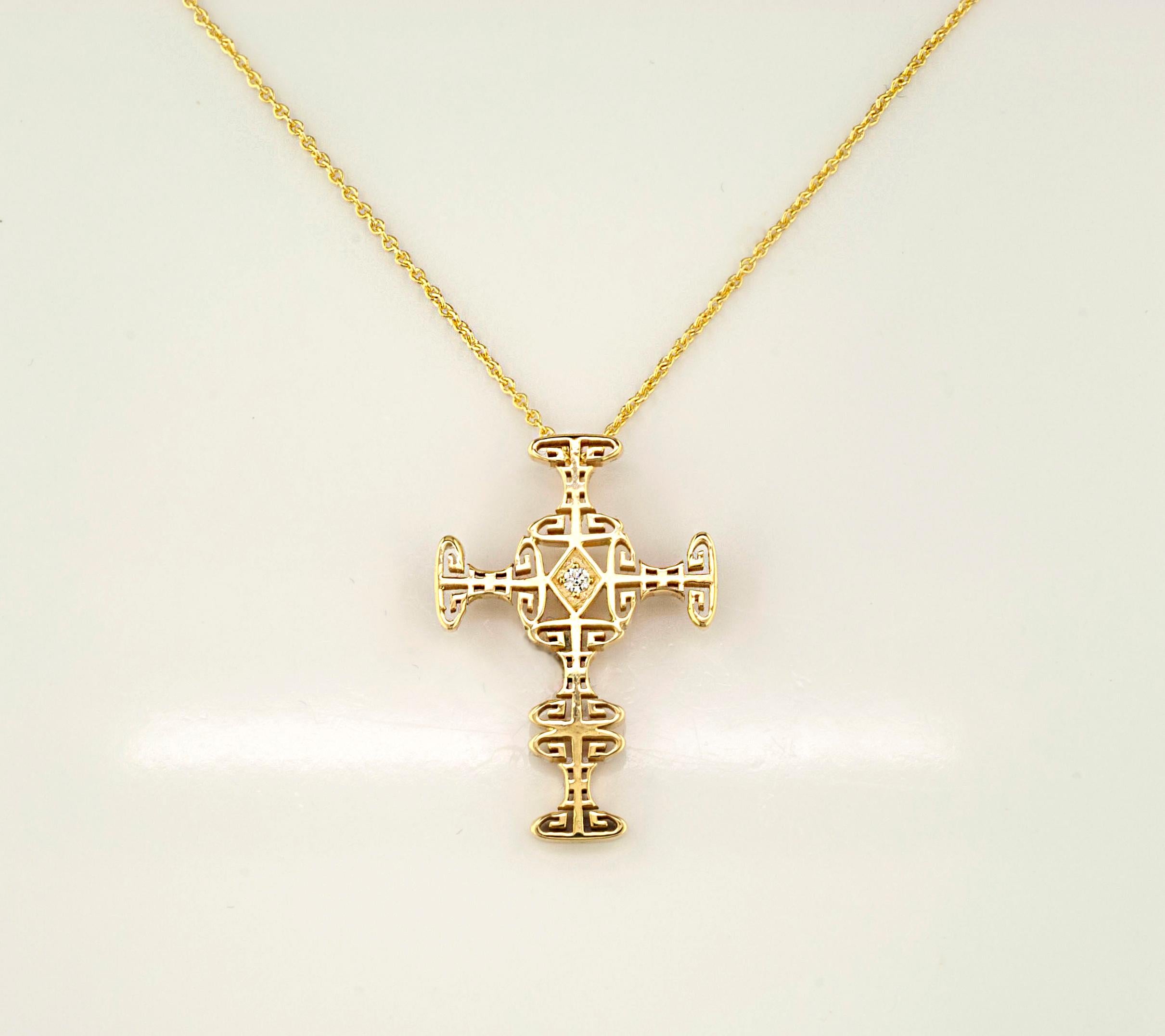 Round Cut Georgios Collections 18 Karat Yellow Gold Diamond Greek Key Cross with Chain For Sale