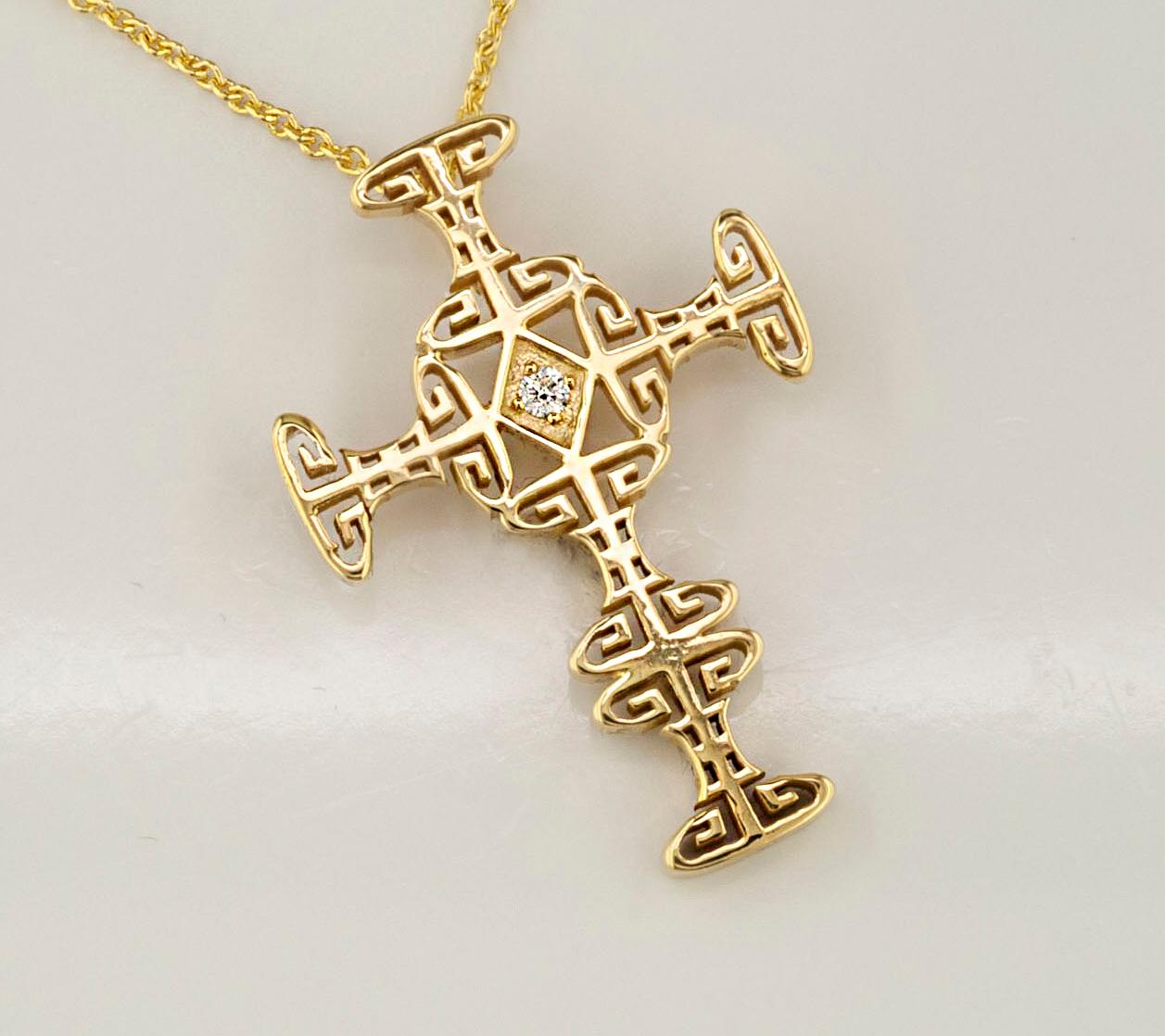 Georgios Collections 18 Karat Yellow Gold Diamond Greek Key Cross with Chain In New Condition For Sale In Astoria, NY