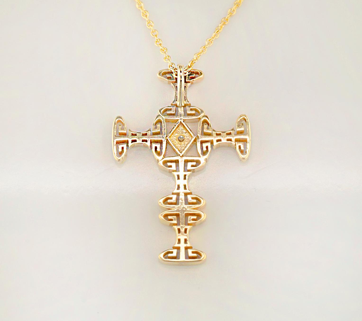Georgios Collections 18 Karat Yellow Gold Diamond Greek Key Cross with Chain For Sale 1