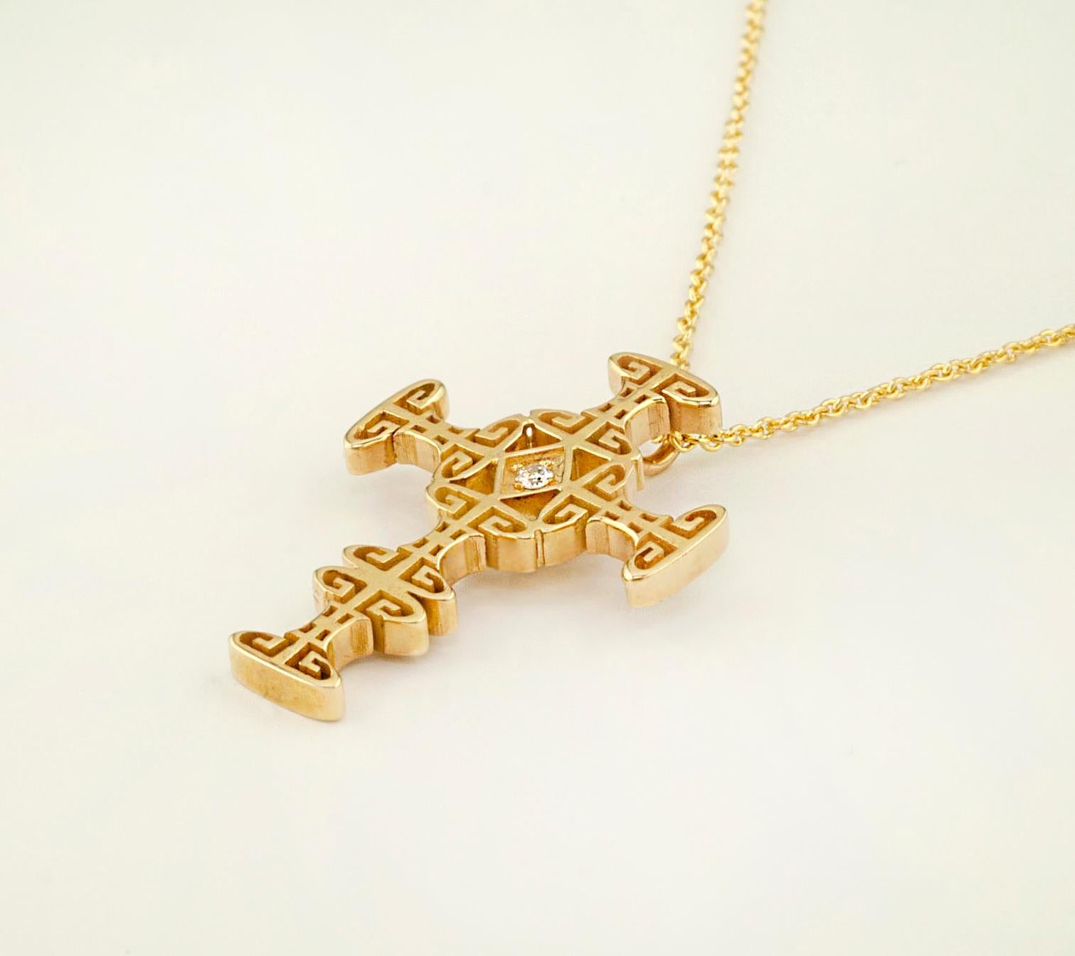 Georgios Collections 18 Karat Yellow Gold Diamond Greek Key Cross with Chain For Sale 2