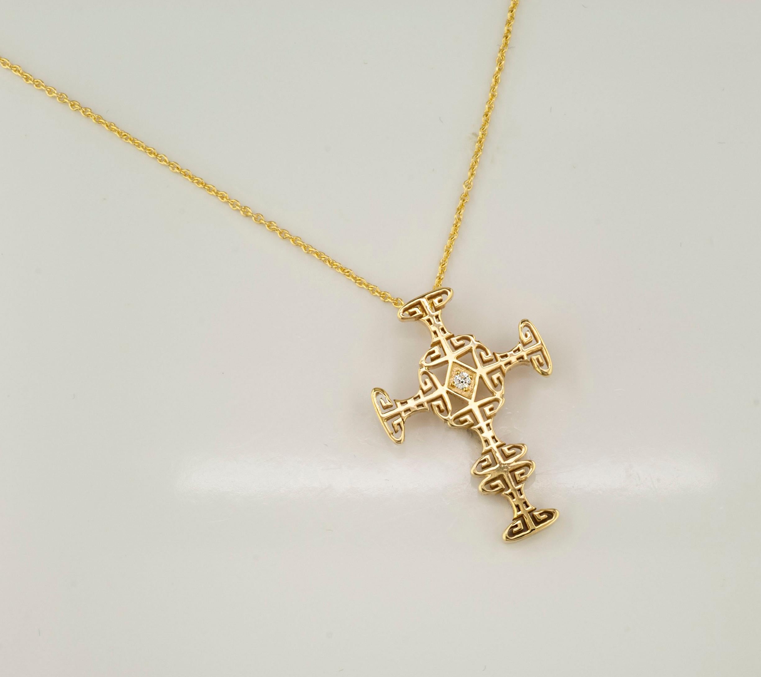 Georgios Collections 18 Karat Yellow Gold Diamond Greek Key Cross with Chain For Sale 3