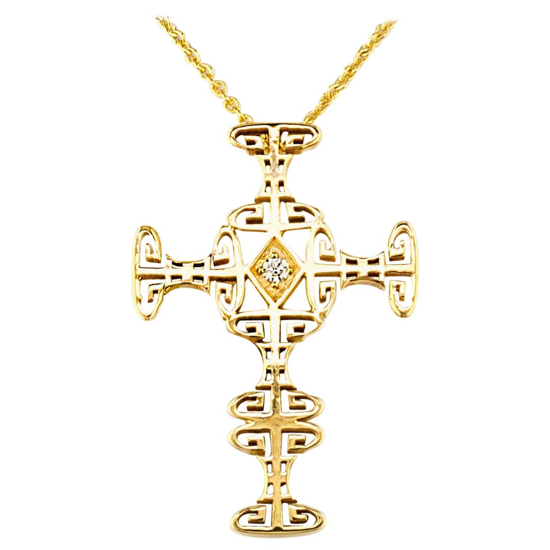 Georgios Collections 18 Karat Yellow Gold Diamond Greek Key Cross with Chain