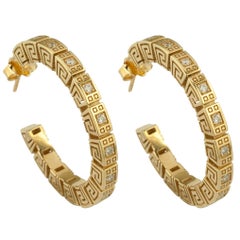 Georgios Collections 18 Karat Yellow Gold Diamond Greek Key Hoop Earrings