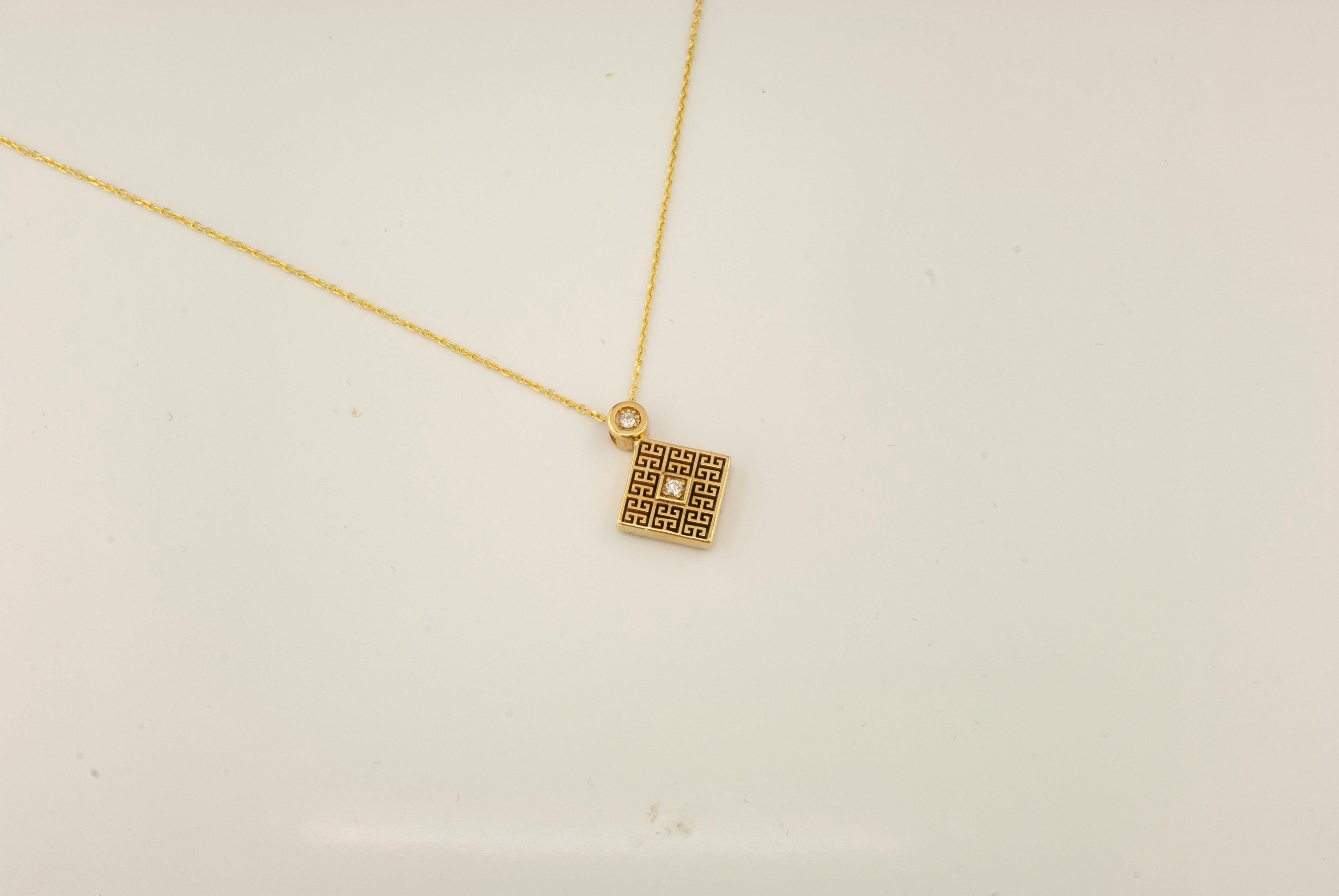 Brilliant Cut Georgios Collections 18 Karat Yellow Gold Diamond Greek Key Pendant Necklace For Sale