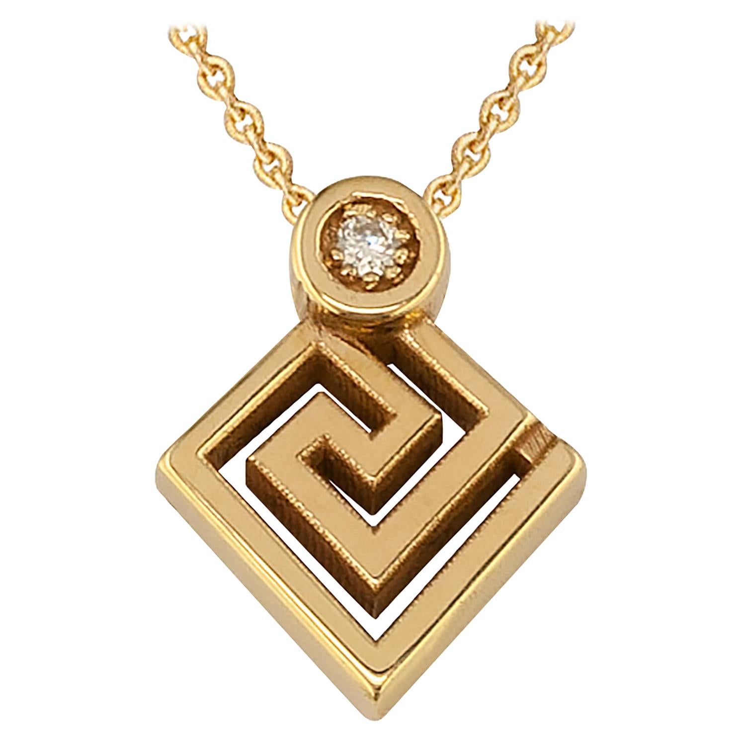 Georgios Collections 18 Karat Yellow Gold Diamond Greek Key Pendant Necklace