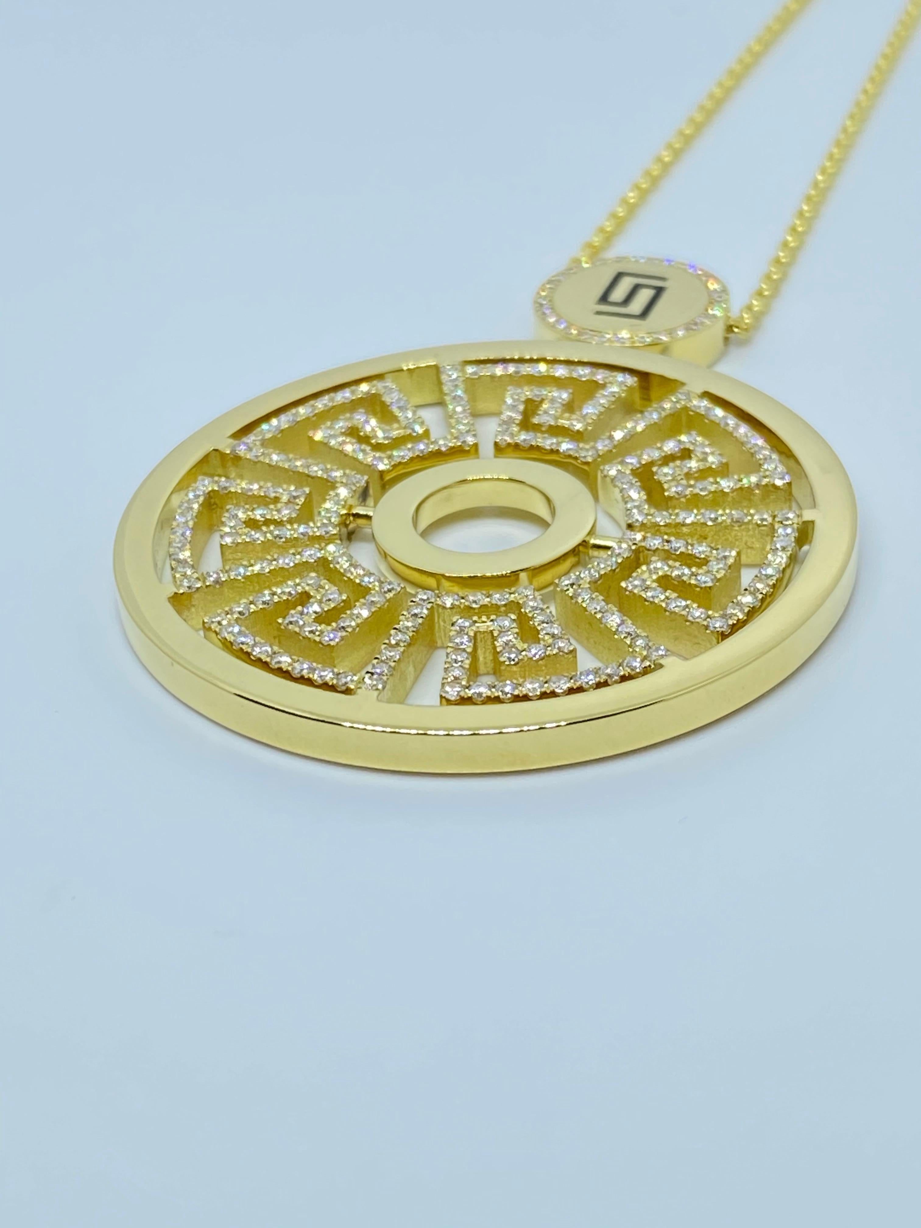 Georgios Collections 18 Karat Yellow Gold Diamond Greek Key Round Drop Pendant  For Sale 1