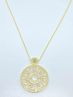 Georgios Collections 18 Karat Yellow Gold Diamond Greek Key Round Drop Pendant