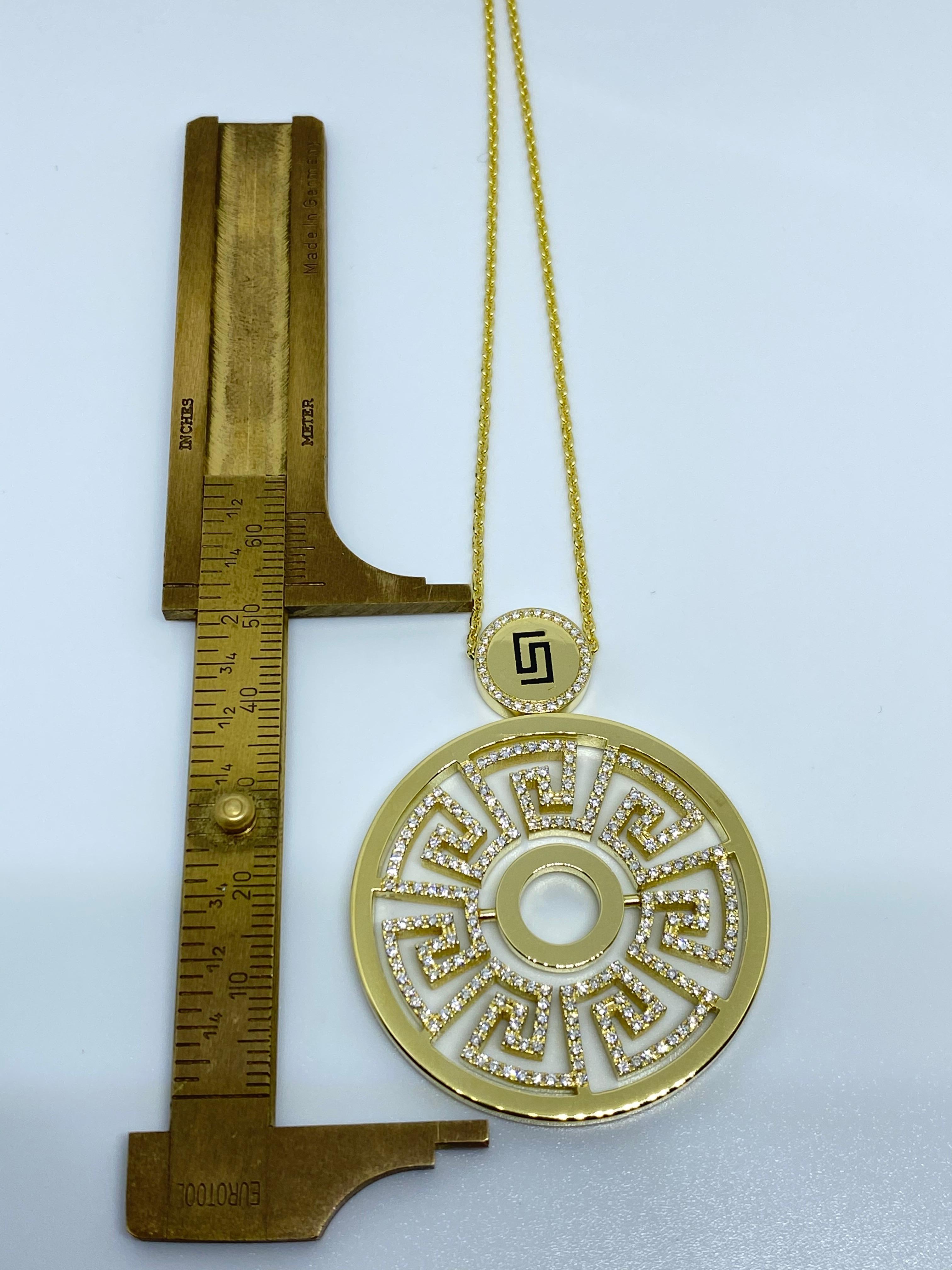 Round Cut Georgios Collections 18 Karat Yellow Gold Diamond Greek Key Round Drop Pendant  For Sale
