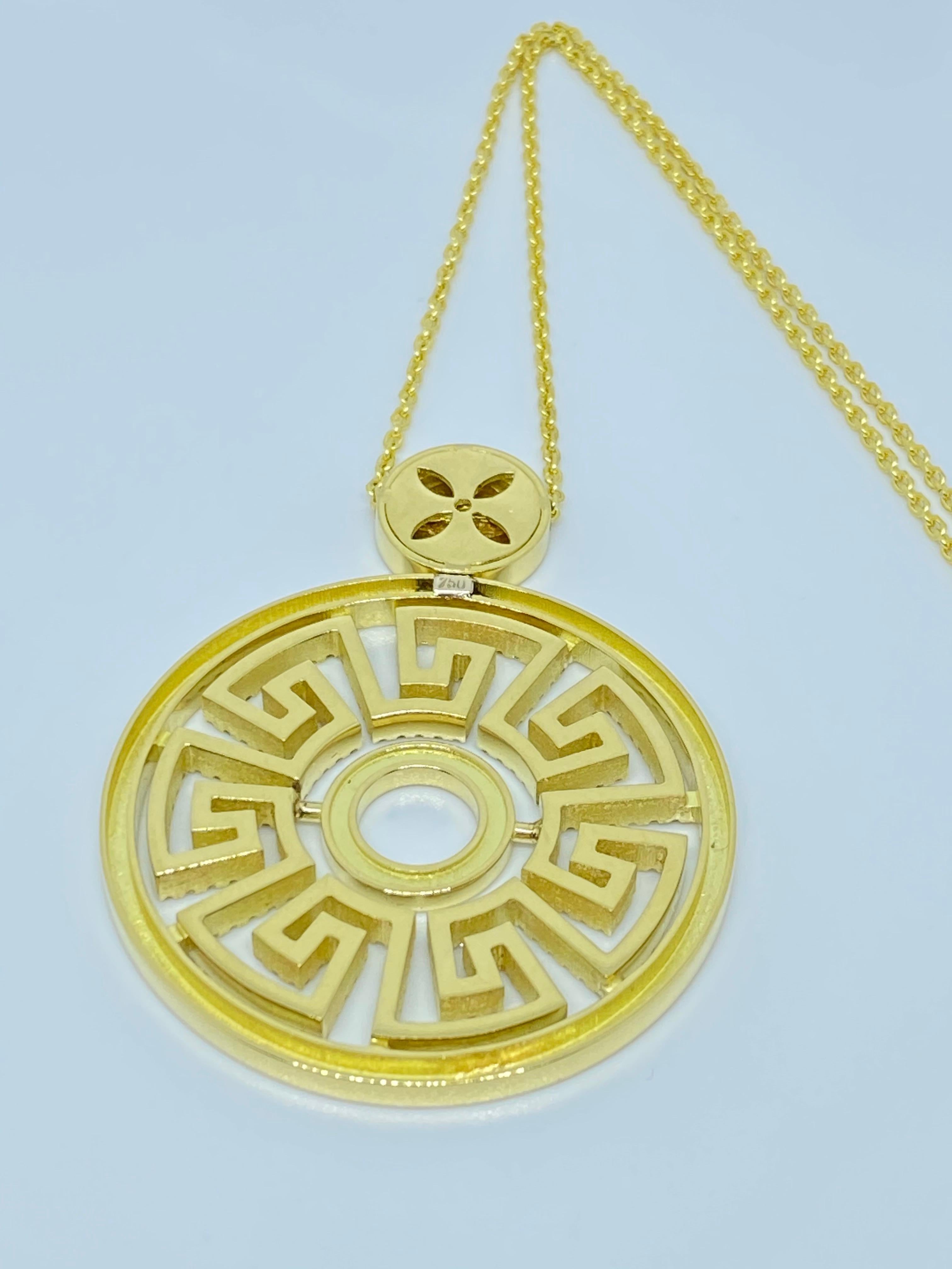 Women's or Men's Georgios Collections 18 Karat Yellow Gold Diamond Greek Key Round Drop Pendant  For Sale