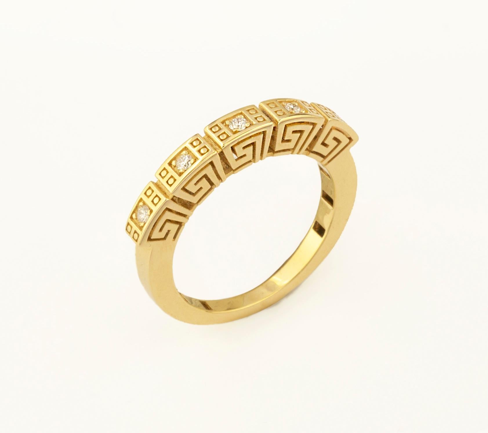 Women's or Men's Georgios Collections 18 Karat Yellow Gold Diamond Greek Key Thin Band Ring For Sale