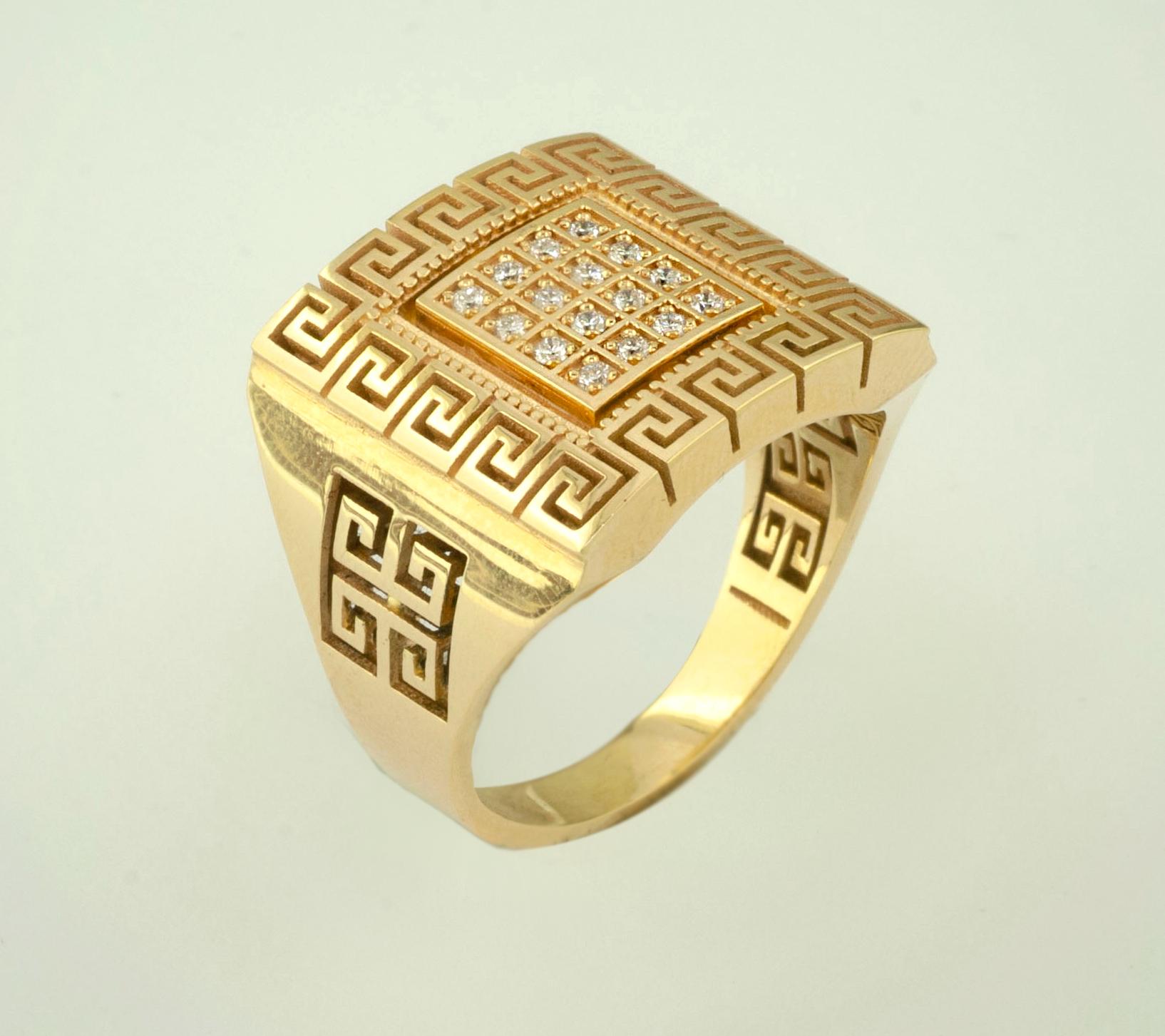 Georgios Collections 18 Karat Yellow Gold Diamond Greek Key Unisex Band Ring For Sale 4