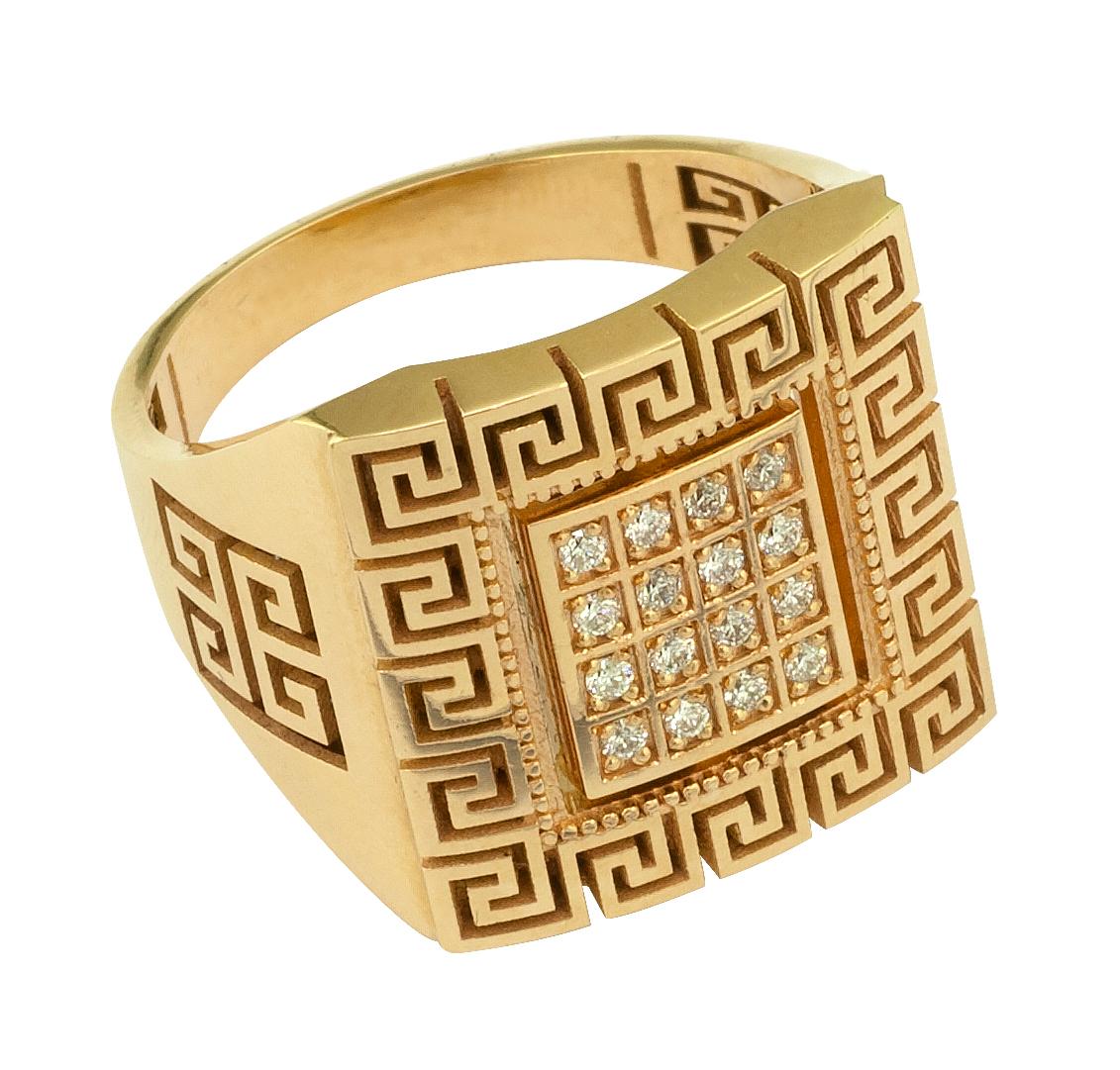 S.Georgios designer unisex square Diamond ring is handmade from solid 18 Karat Yellow Gold and carved forming a unique Greek Key design, which is the symbol of eternity. The gorgeous ring features a center of 16 brilliant-cut White Diamonds total