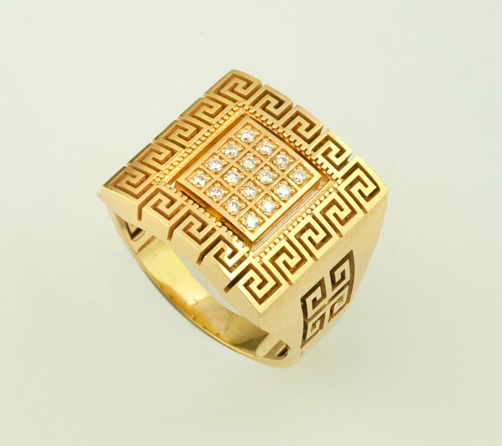 Georgios Collections 18 Karat Yellow Gold Diamond Greek Key Unisex Band Ring For Sale 3