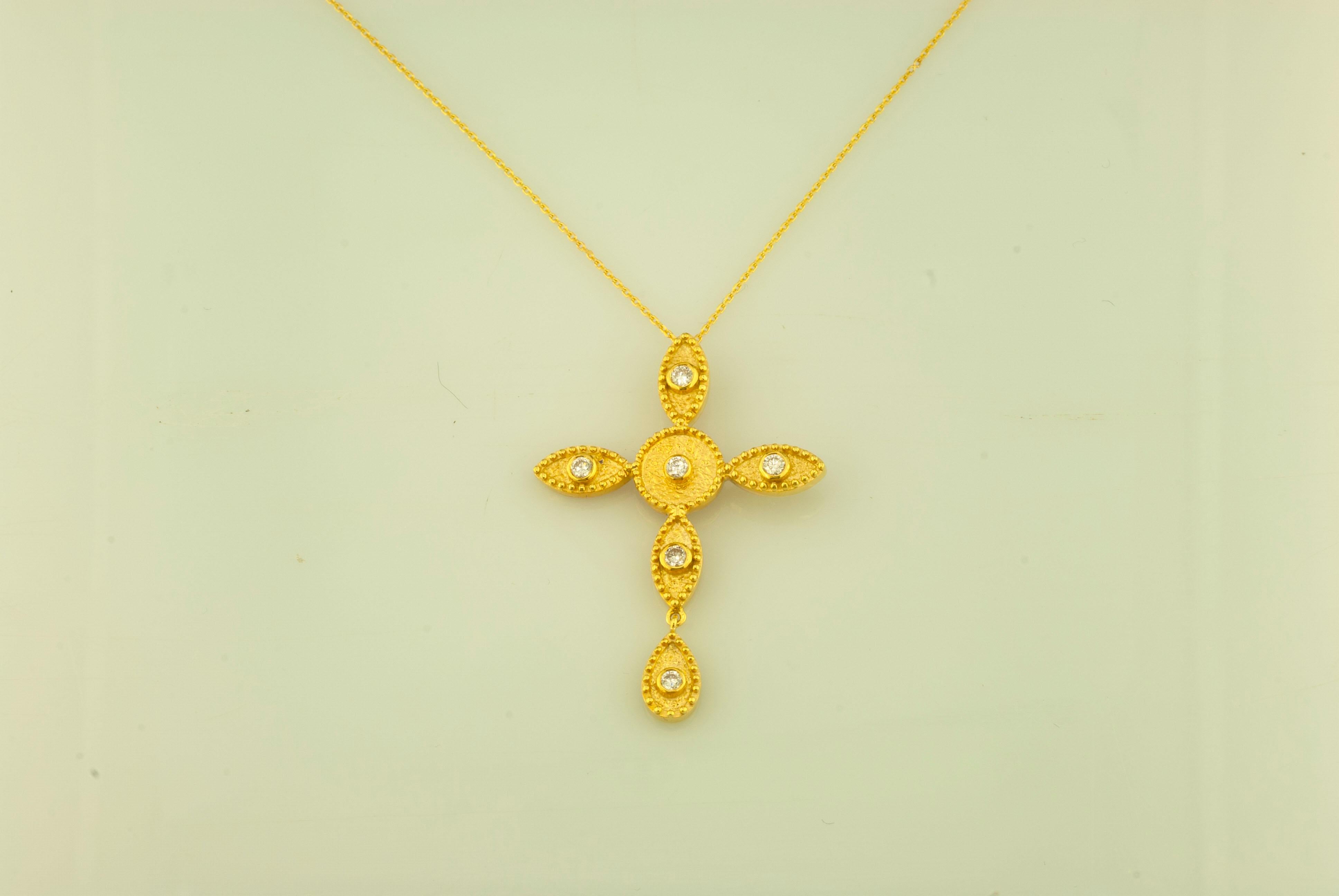 Round Cut Georgios Collections 18 Karat Yellow Gold Diamond Long Cross Pendant with Chain For Sale