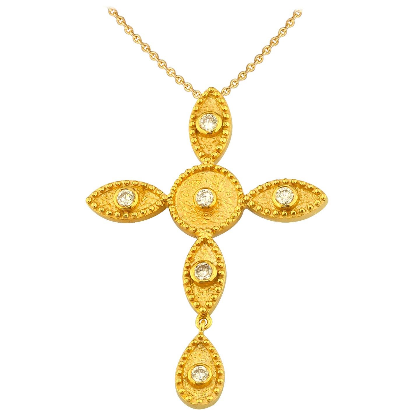 Georgios Collections 18 Karat Yellow Gold Diamond Long Cross Pendant with Chain