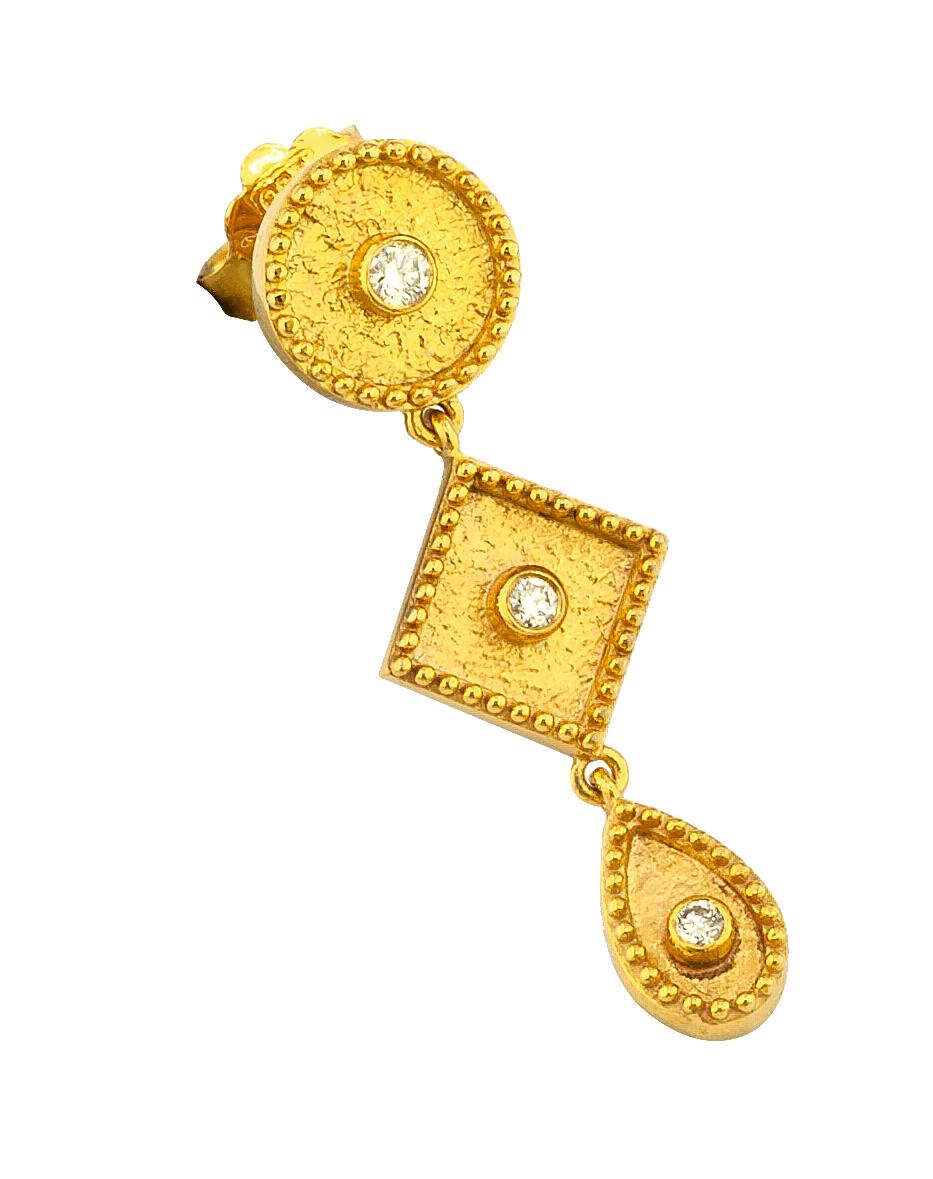 These S.Georgios designer earrings are hand made from 18 Karat Yellow Gold and decorated with Byzantine-era style granulation workmanship done all microscopically. This stunning pair of dangle earrings feature 6 brilliant-cut natural White Diamonds