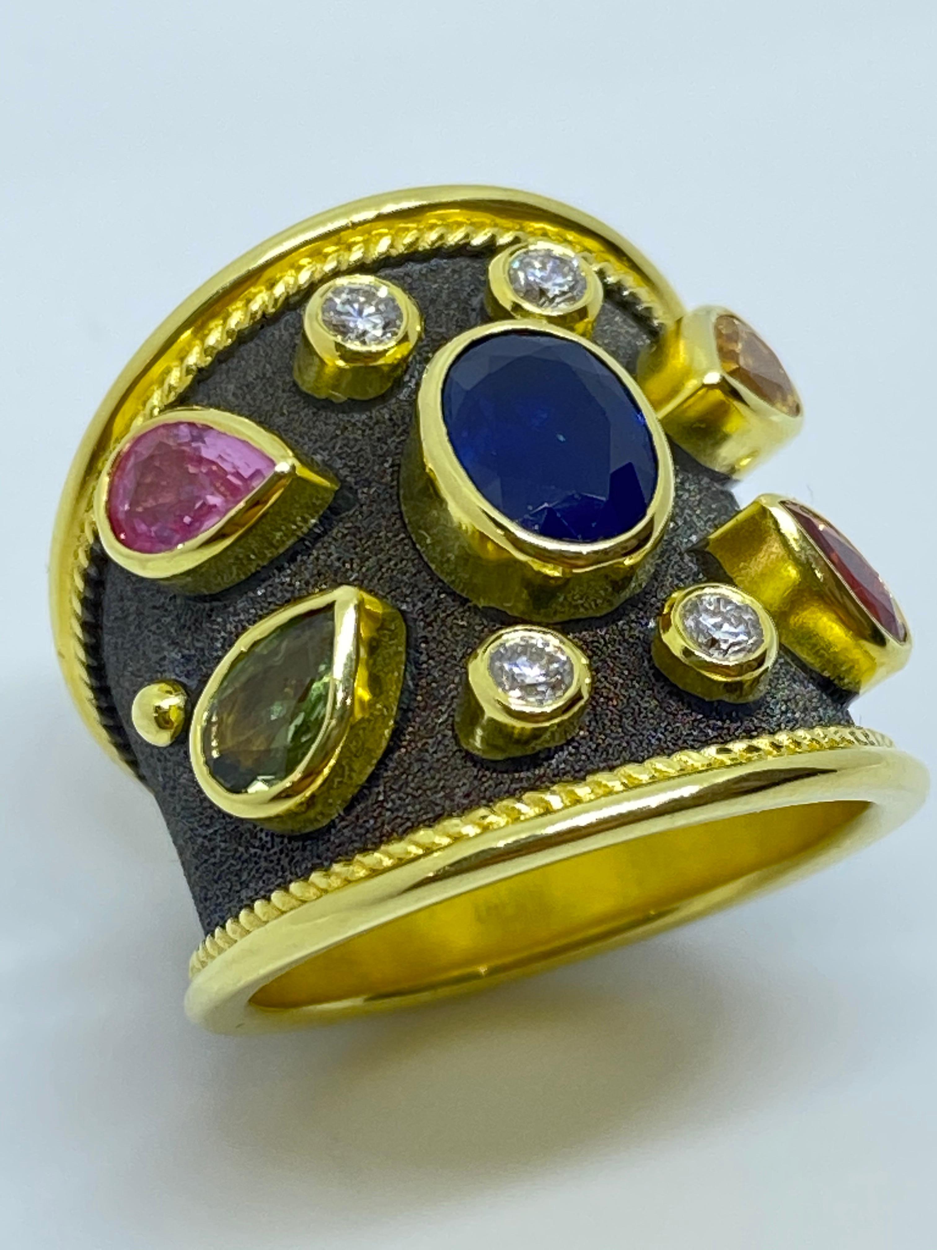 Georgios Collections 18 Karat Yellow Gold Diamond Multi-Color Sapphire Band Ring For Sale 9
