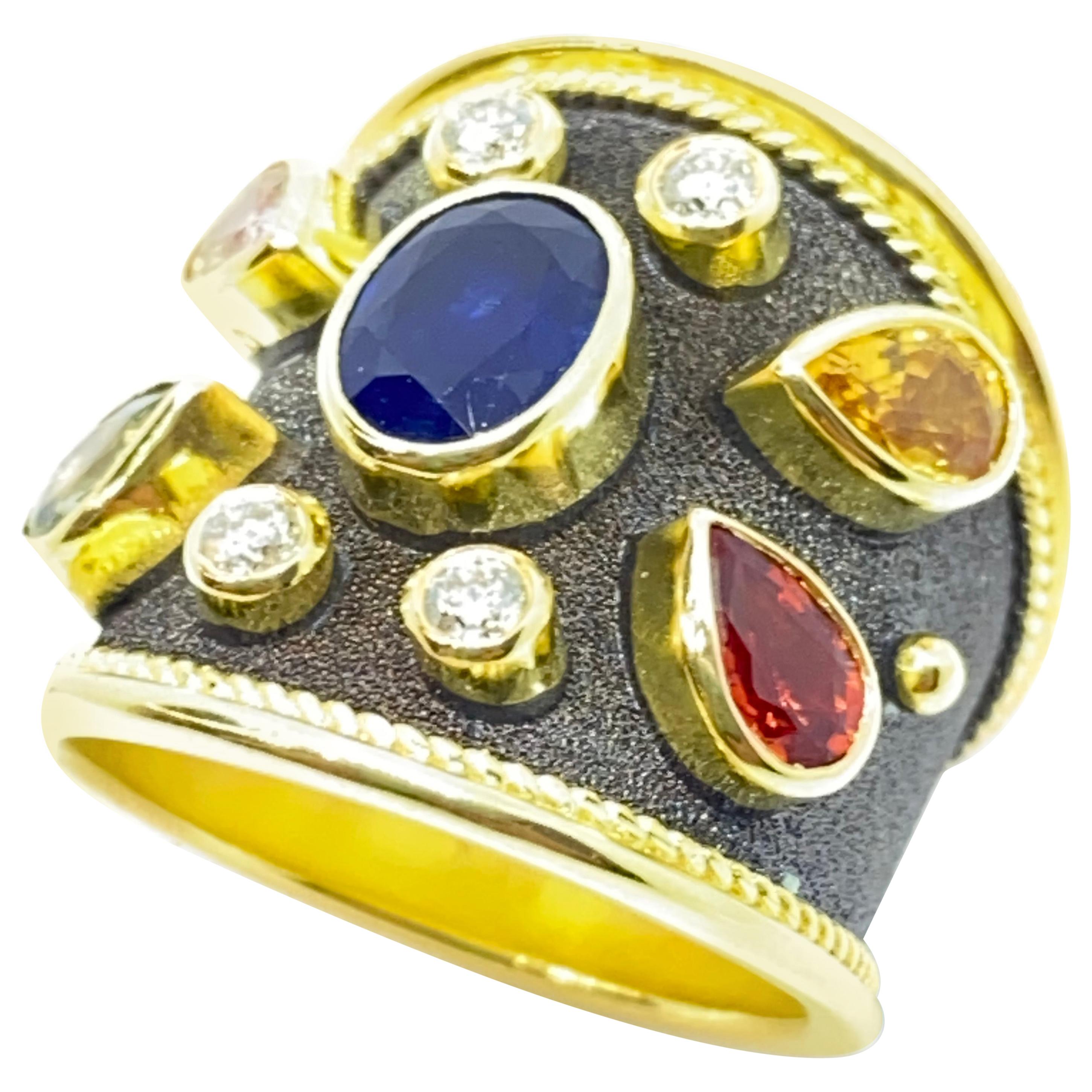 Georgios Collections 18 Karat Yellow Gold Diamond Multi-Color Sapphire Band Ring For Sale