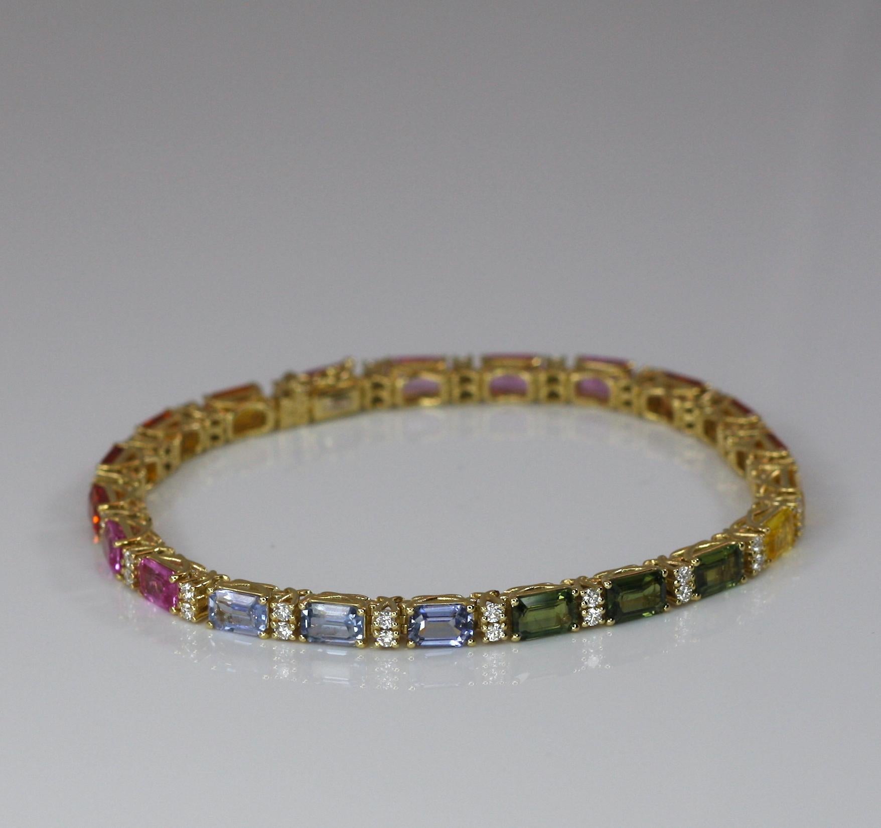 Georgios Collections 18 Karat Yellow Gold Diamond Multi-Color Sapphire Bracelet For Sale 4