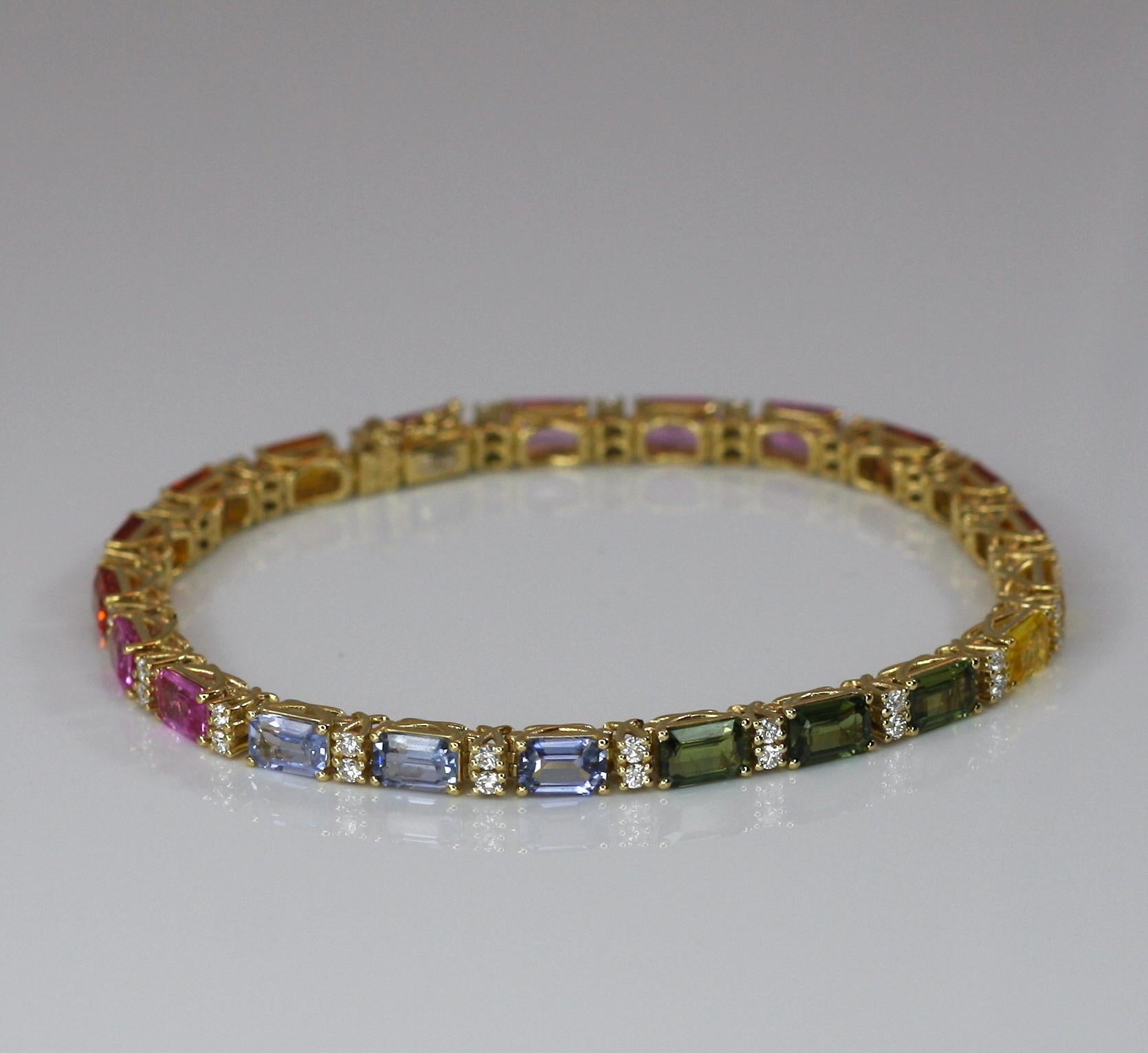 Georgios Collections 18 Karat Yellow Gold Diamond Multi-Color Sapphire Bracelet For Sale 5