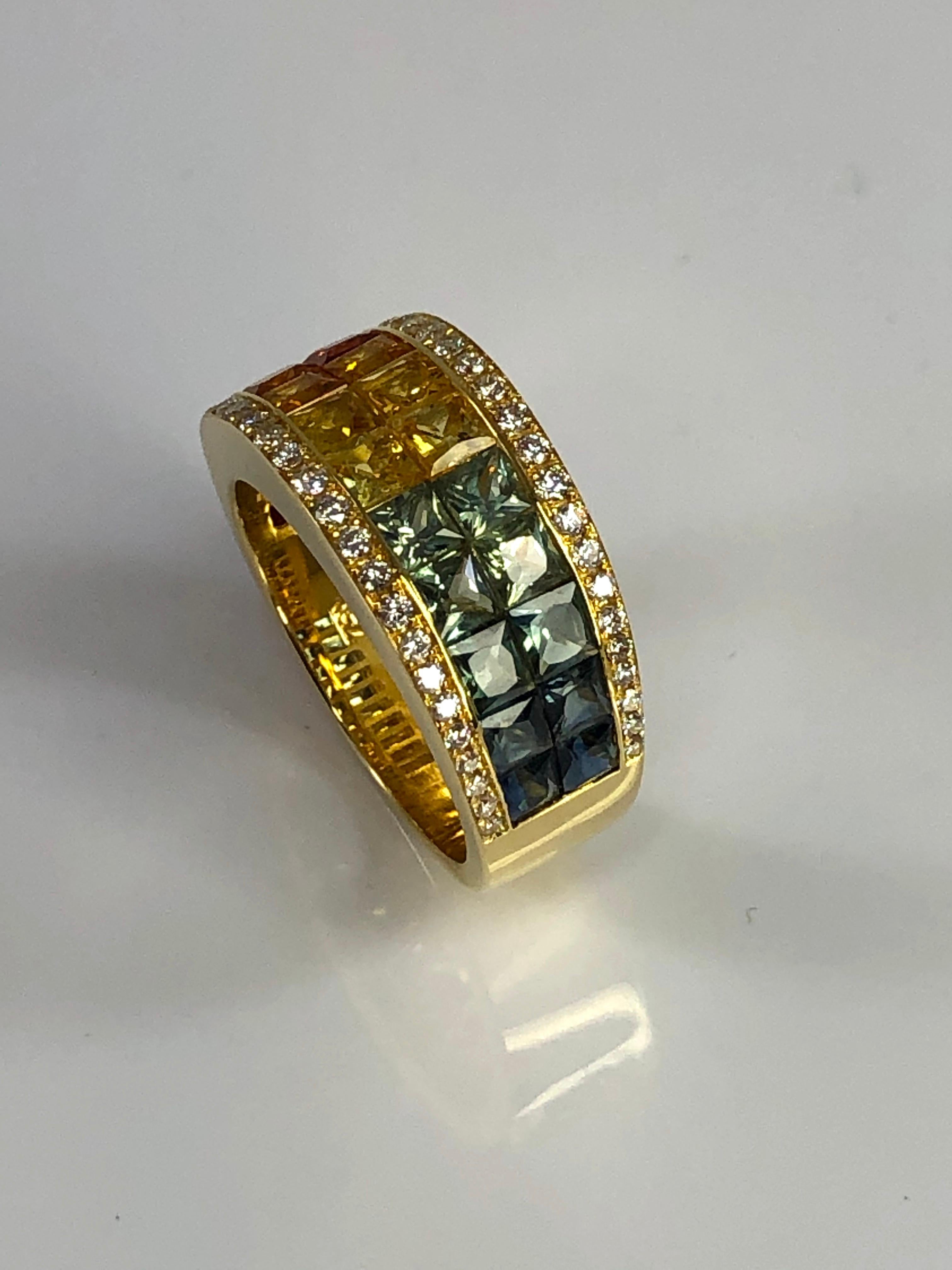 Georgios Collections 18 Karat Yellow Gold Diamond Multi-Color Sapphire Bracelet For Sale 4