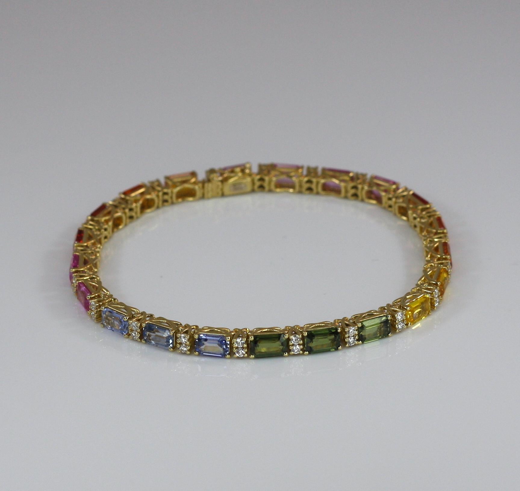 Georgios Collections 18 Karat Yellow Gold Diamond Multi-Color Sapphire Bracelet For Sale 6